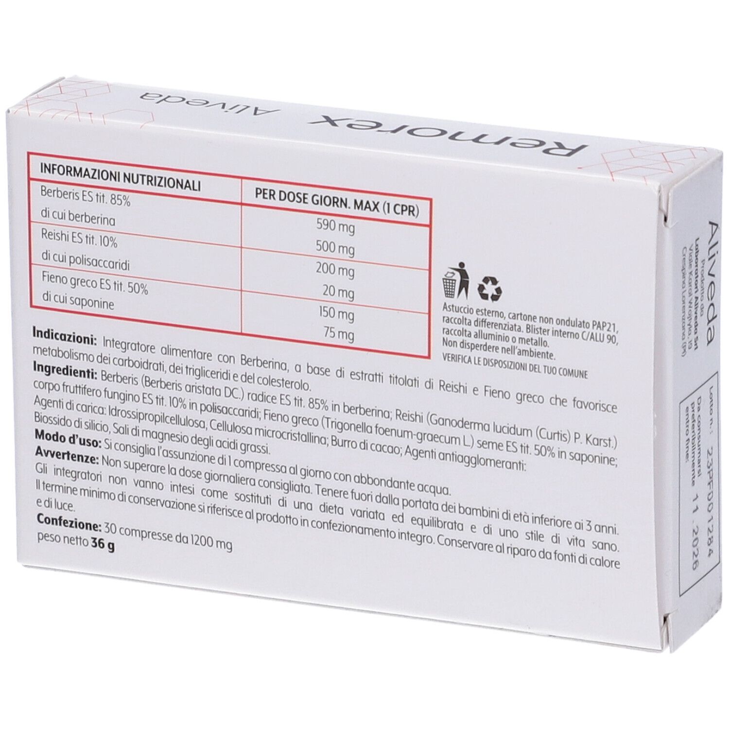 Retro confezione Remorex. Contiene informazioni nutrizionali e ingredienti. Logo Aliveda.