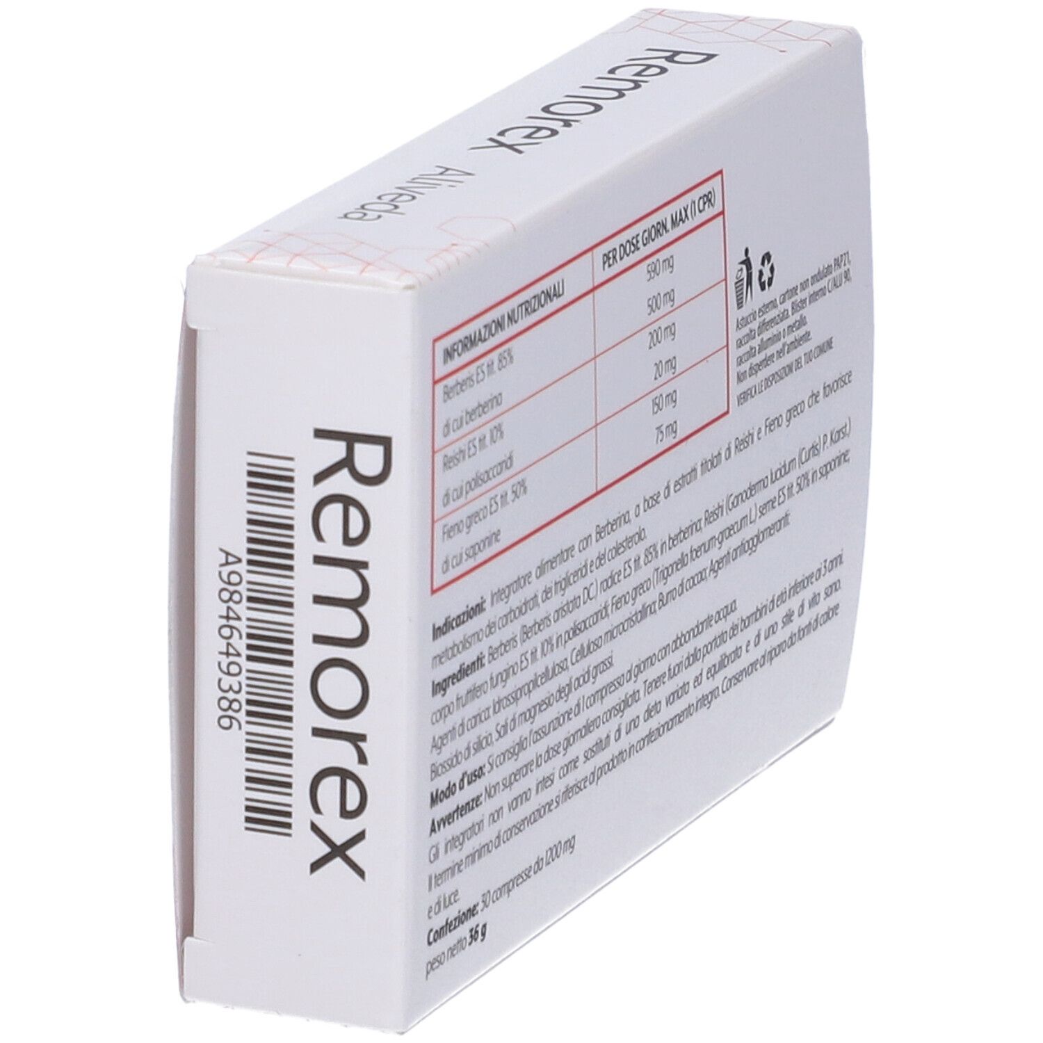 Vista laterale della confezione Remorex. Codice a barre e informazioni sul prodotto. Logo Aliveda.