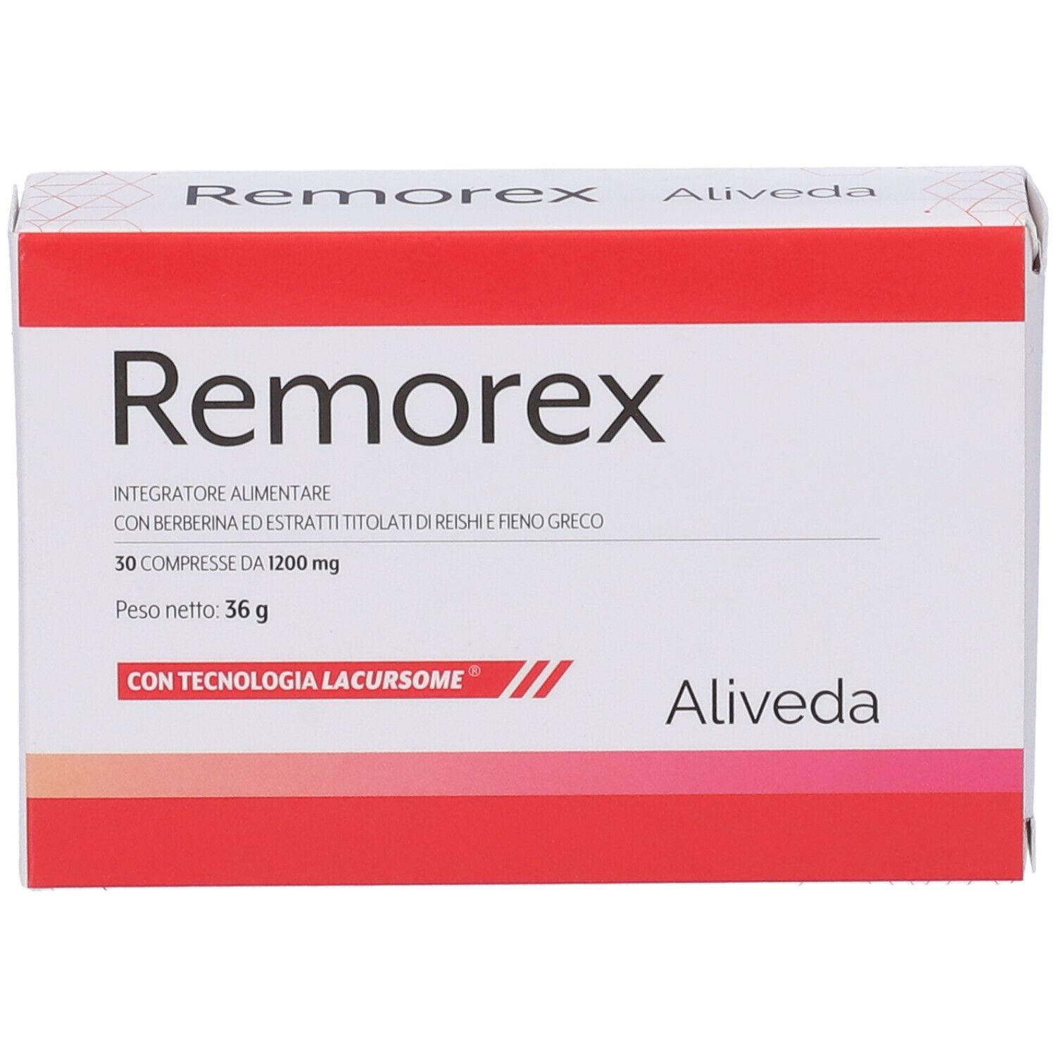 Scatola bianca e rossa. Scritta: Remorex, Aliveda. Contiene 30 compresse. Peso netto: 36g.