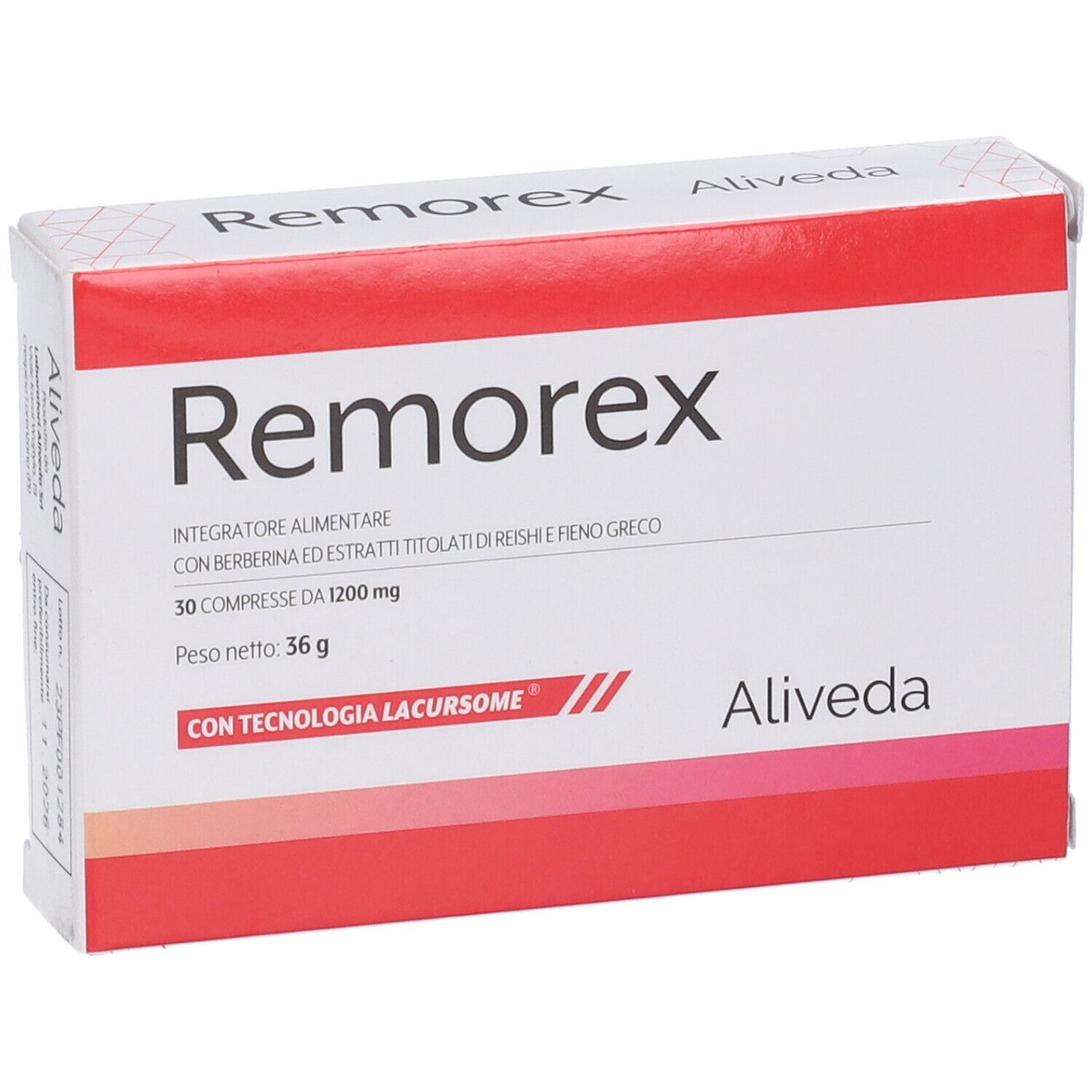 Scatola bianca e rossa. Scritta: Remorex, Aliveda. Contiene 30 compresse. Peso netto: 36g.
