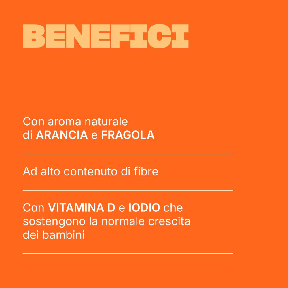 Benefici: Aroma naturale arancia e fragola, ricco di fibre, con Vitamina D e Iodio.