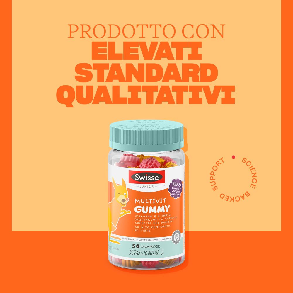 Flacone Swisse Junior Multivit Gummy, con sigillo 'Standard qualitativi'.