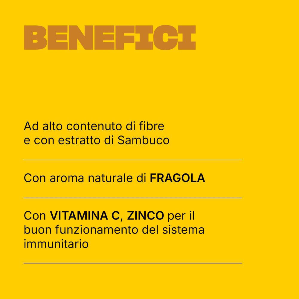 Benefici: Ricco di fibre, con estratto di sambuco, aroma fragola, Vitamine C e Zinco per il sistema immunitario.