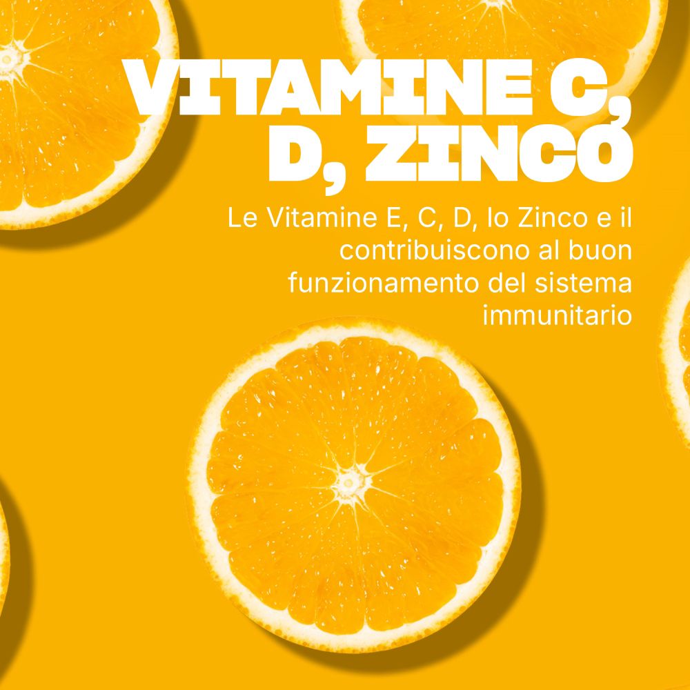Vitamine C, D e Zinco contribuiscono al buon funzionamento del sistema immunitario. Con spicchi d'arancia.