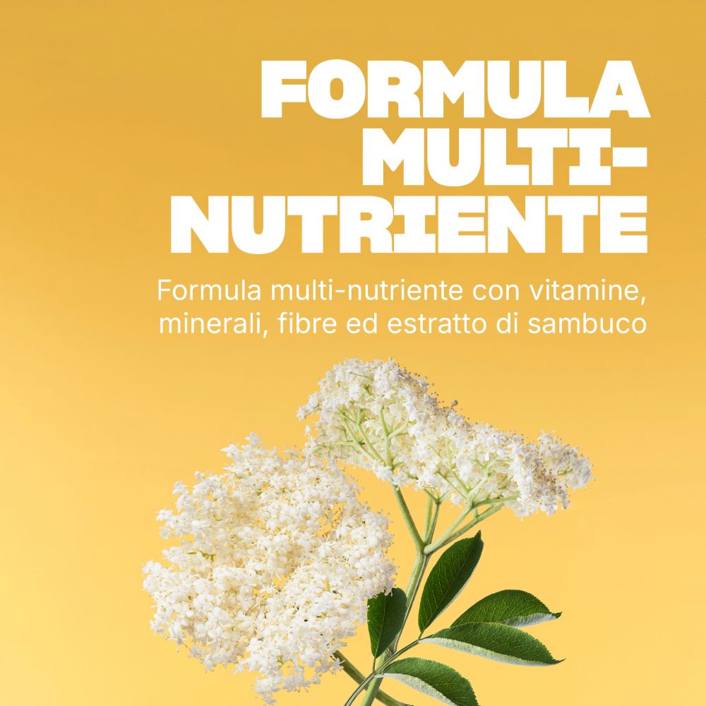 Formula multi-nutriente con vitamine, minerali, fibre ed estratto di sambuco.
