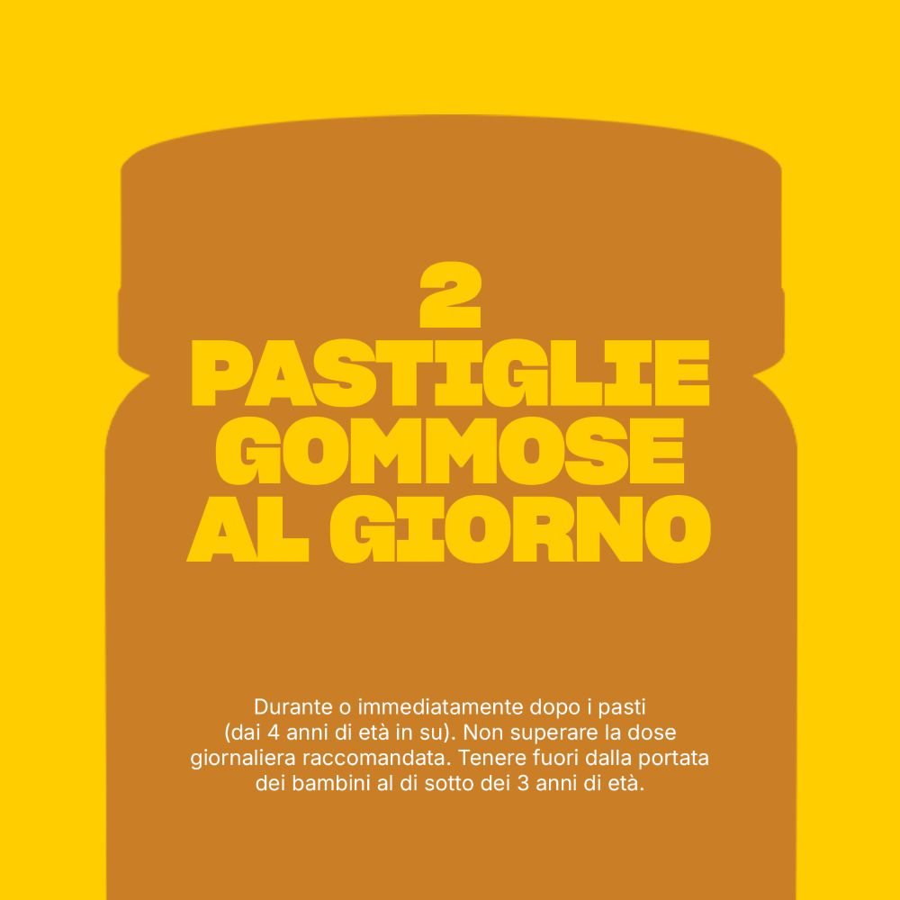 Dosaggio consigliato: 2 gommose al giorno. Per bambini dai 4 anni in su.