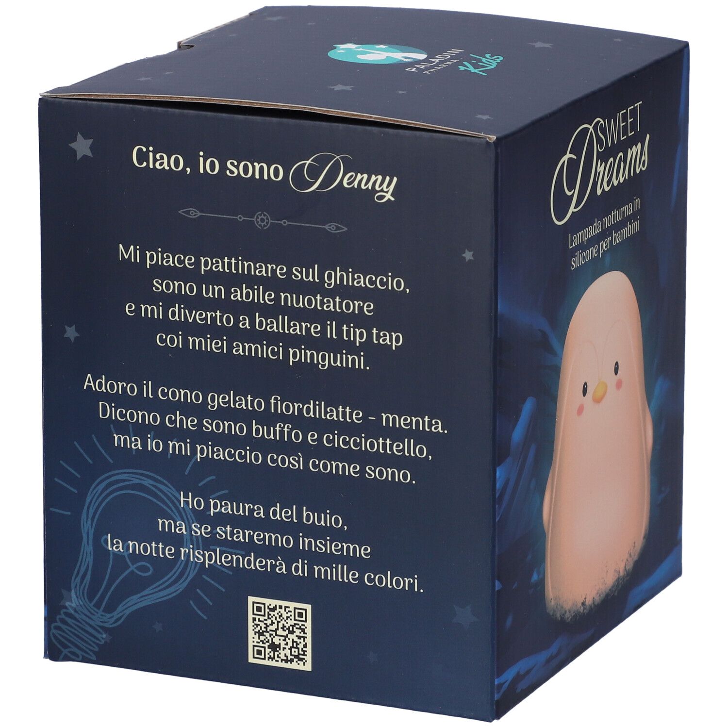 Retro della scatola. Testo: Ciao, io sono Denny. Poesia su Denny. Codice QR. Luce notturna a forma di pinguino sulla scatola.