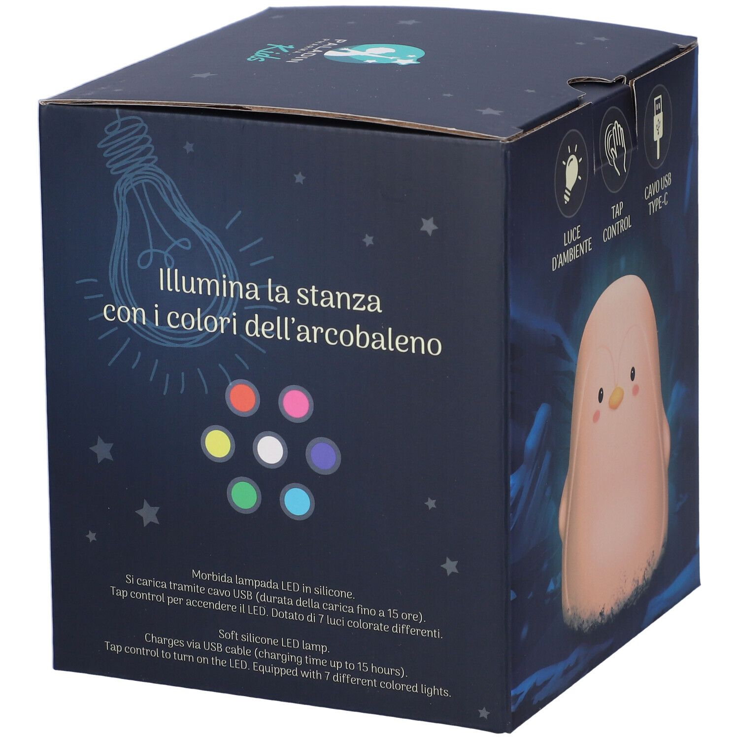 Scatola con luce notturna a forma di pinguino. Testo: Illumina la stanza con i colori dell'arcobaleno. 7 luci colorate. Ricarica USB.