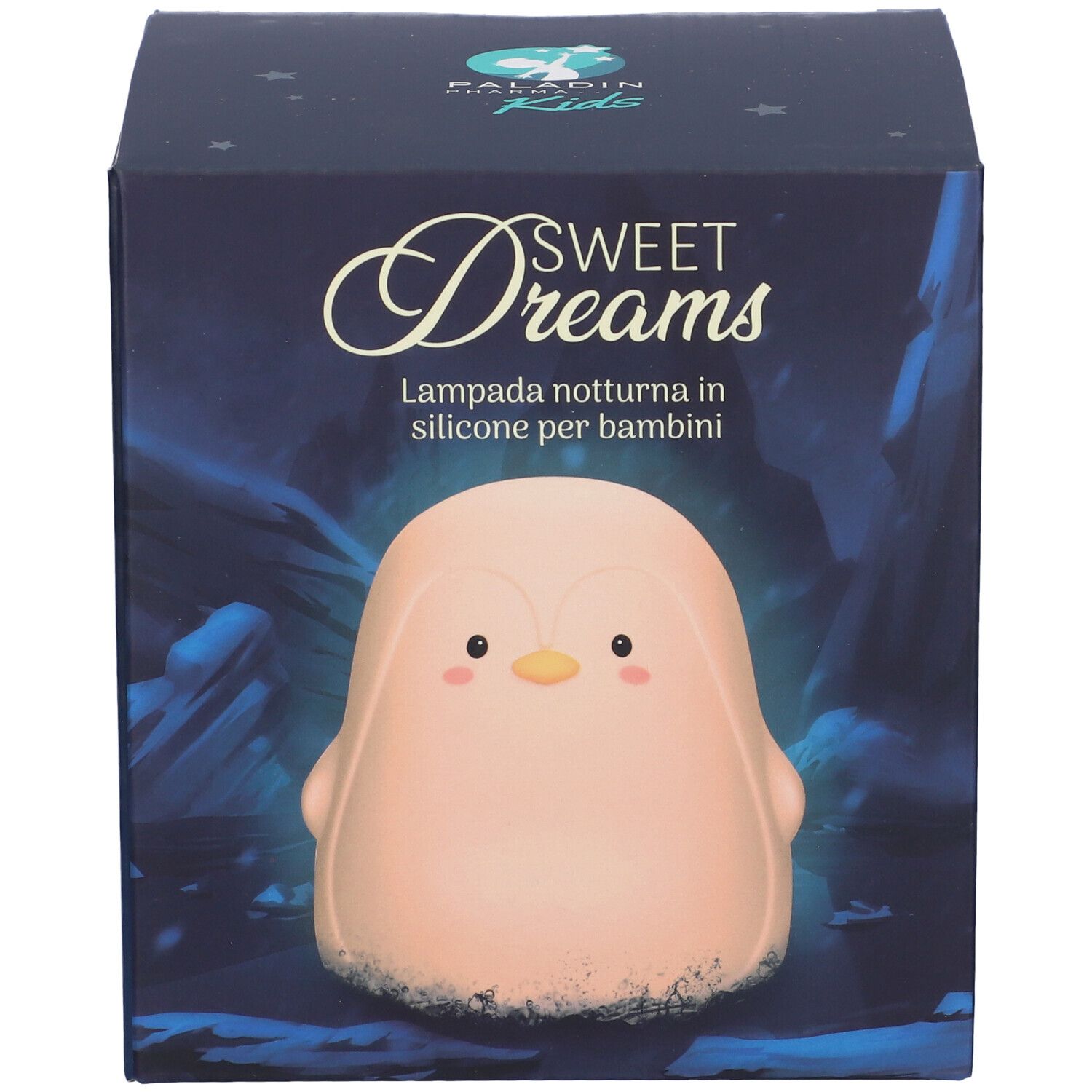 Scatola con luce notturna a forma di pinguino. Testo: Sweet Dreams, Lampada notturna in silicone per bambini. Logo Paladin Kids.