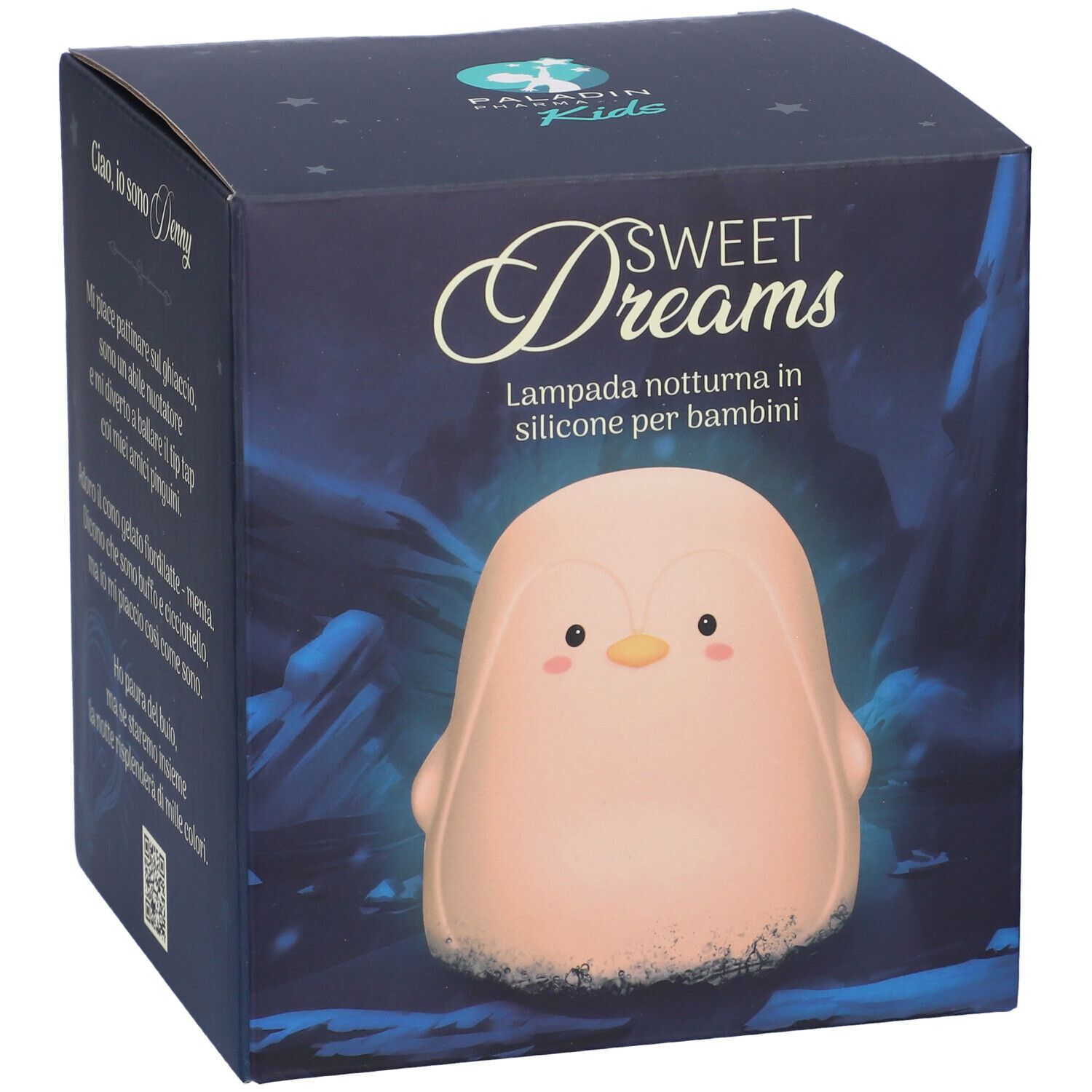 Scatola con luce notturna a forma di pinguino. Testo: Sweet Dreams, Lampada notturna in silicone per bambini. Logo Paladin Kids.