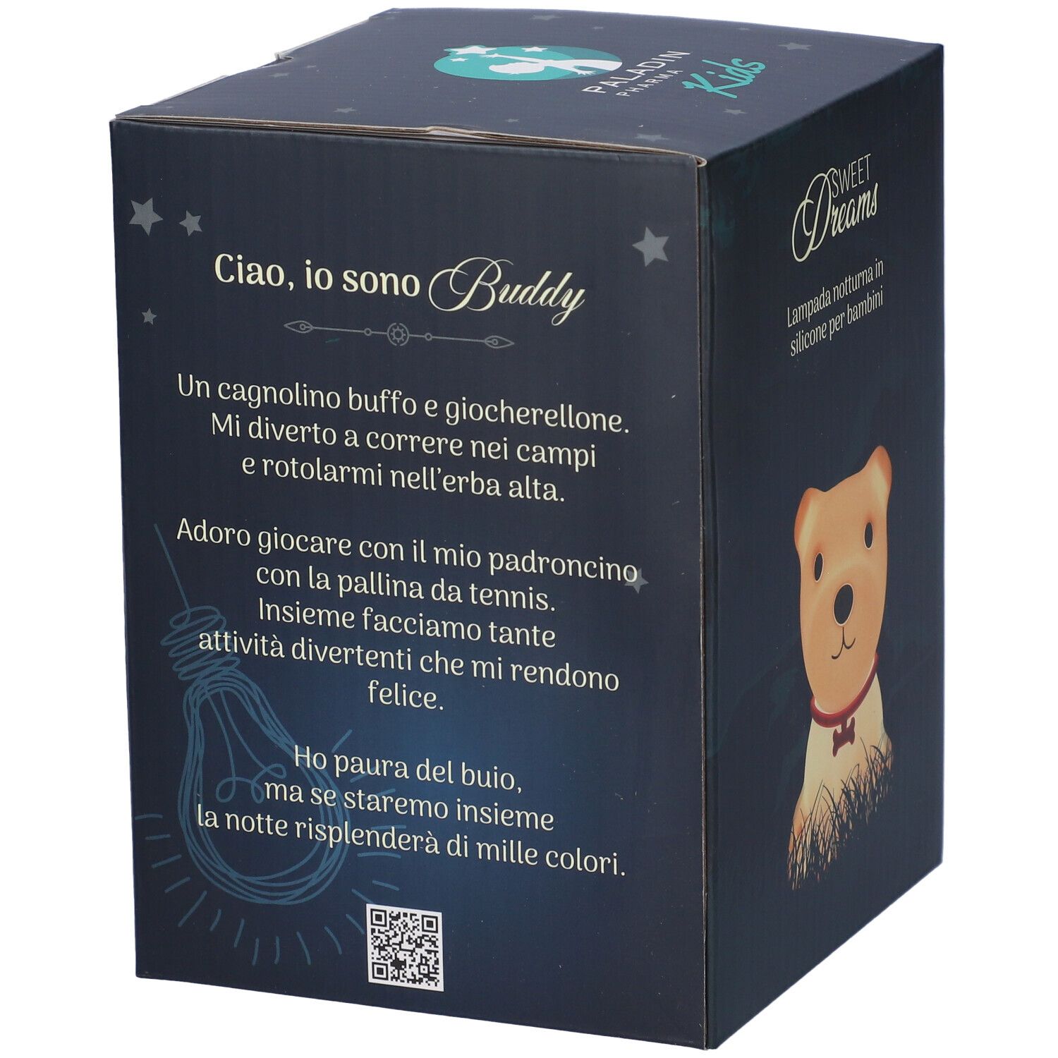 Scatola della lampada notturna. Sul lato è presente un testo sul cane Buddy. È presente anche un codice QR.