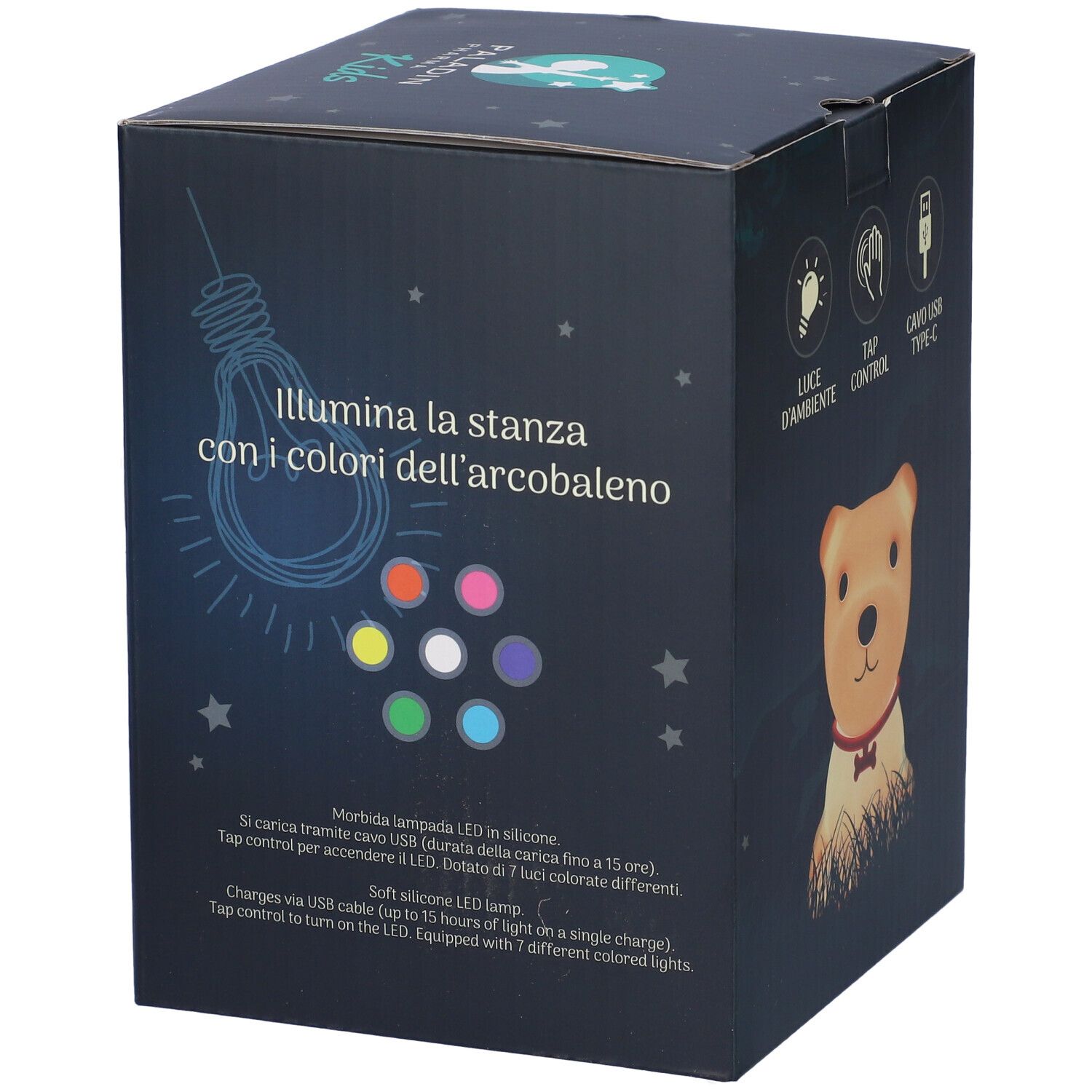 Scatola della lampada notturna. Sul lato sono raffigurate luci colorate e un testo sulle funzioni della lampada.