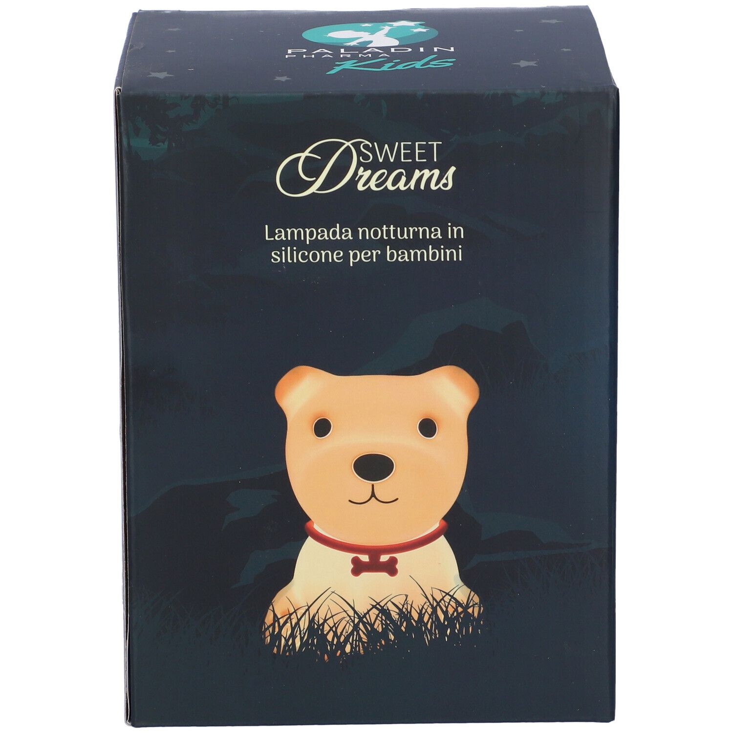 Scatola della lampada notturna. Sul davanti è raffigurato un cane dei cartoni animati, con "Sweet Dreams" sotto.