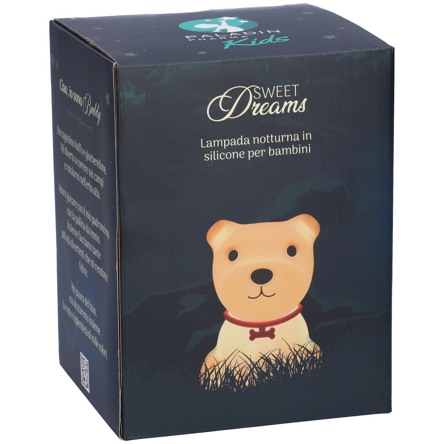 Scatola della lampada notturna. Sul lato è presente un testo sul cane Buddy.
