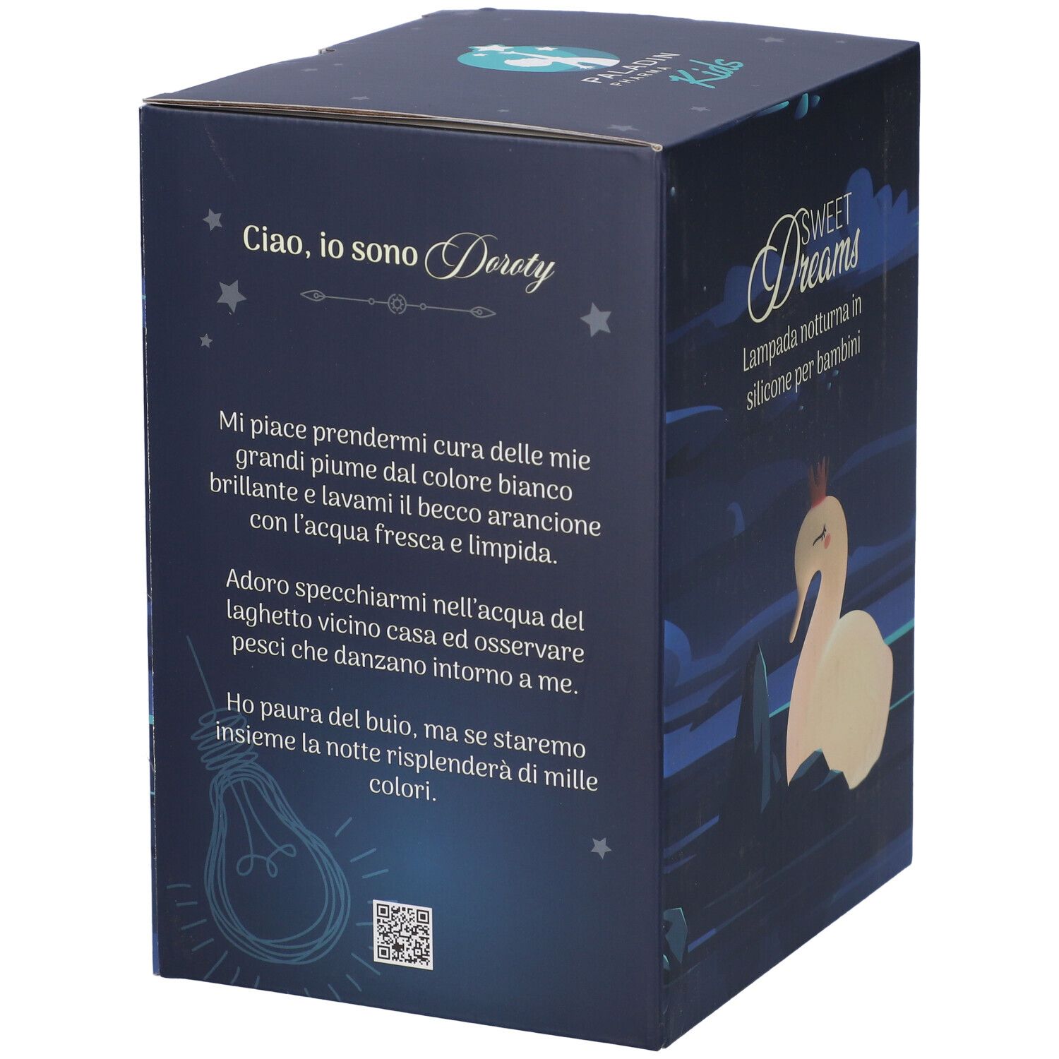 Retro della confezione della lampada notturna Paladin Pharma Kids Sweet Dreams. Testo e illustrazioni di un cigno. Codice QR.
