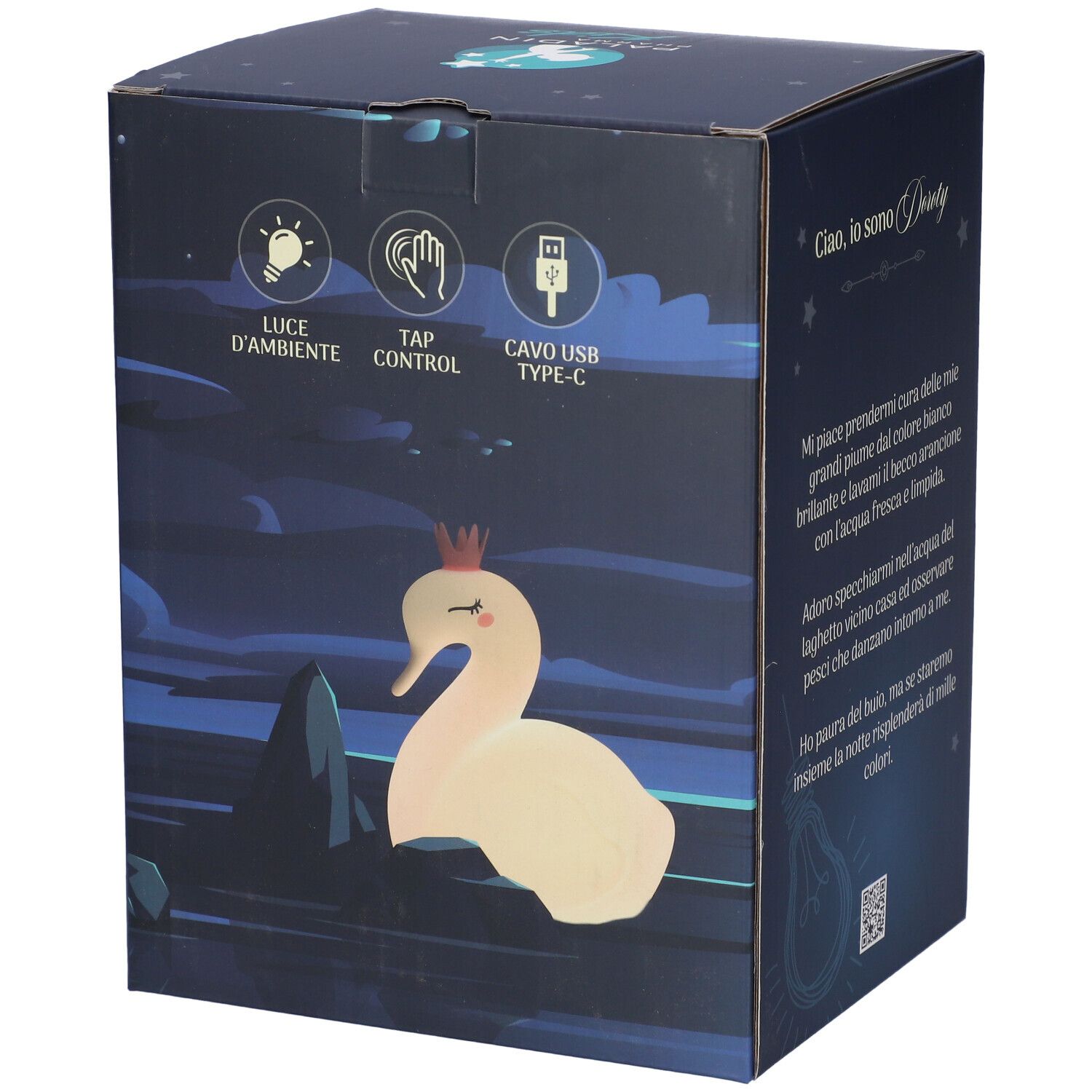 Confezione della lampada notturna Paladin Pharma Kids Sweet Dreams. Simboli per luce ambiente, controllo touch e cavo USB-C. Illustrazione cigno.