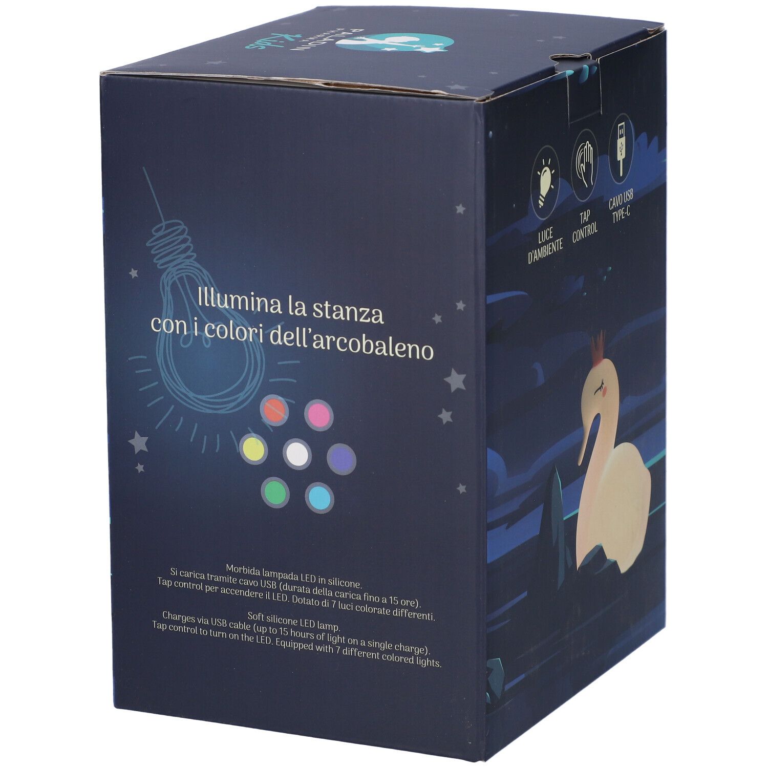 Confezione della lampada notturna Paladin Pharma Kids Sweet Dreams. Testo: Illumina la stanza con i colori dell'arcobaleno. Illustrazioni e simboli.