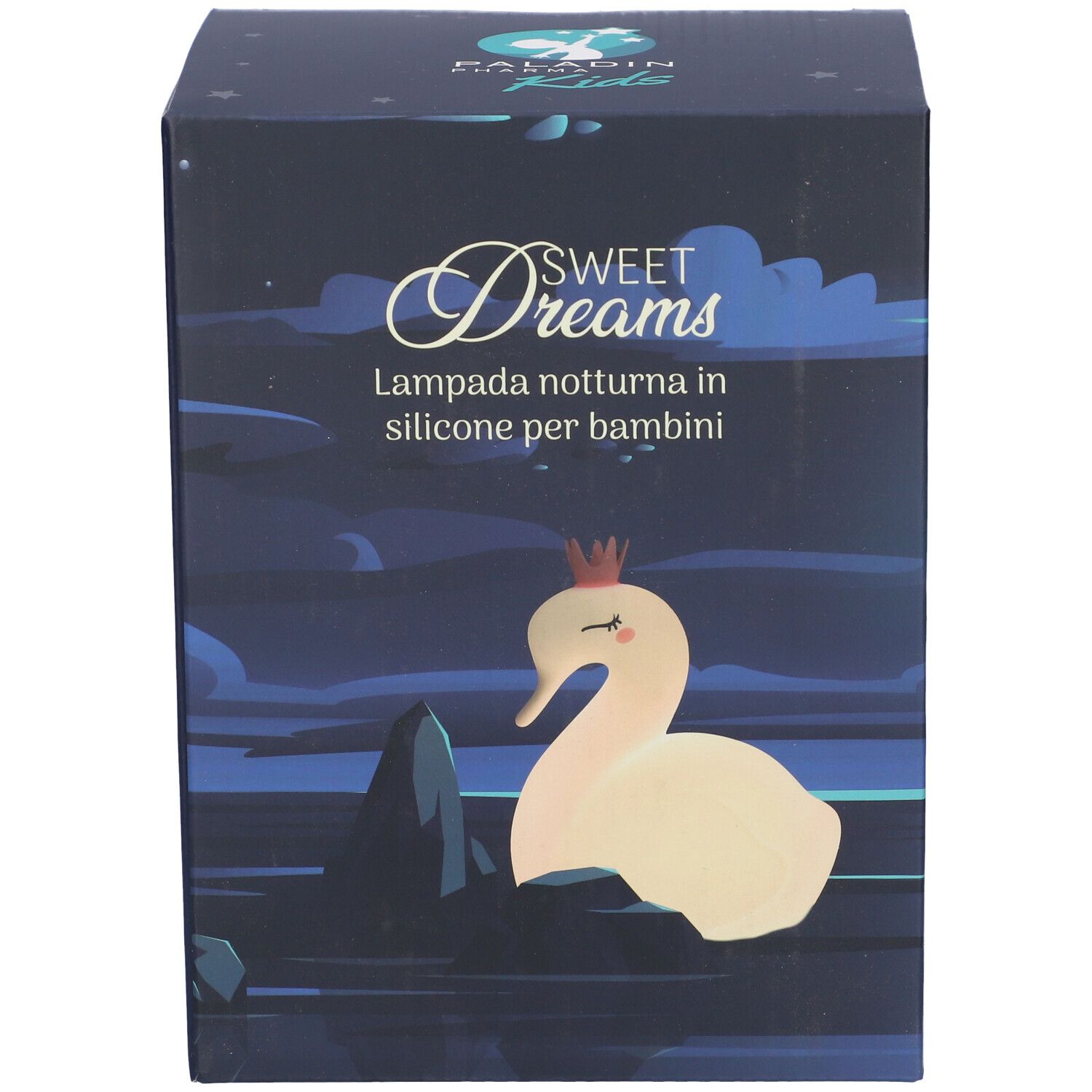 Confezione della lampada notturna Paladin Pharma Kids Sweet Dreams. Raffigurato un cigno con corona. Testo: Sweet Dreams, lampada notturna per bambini.