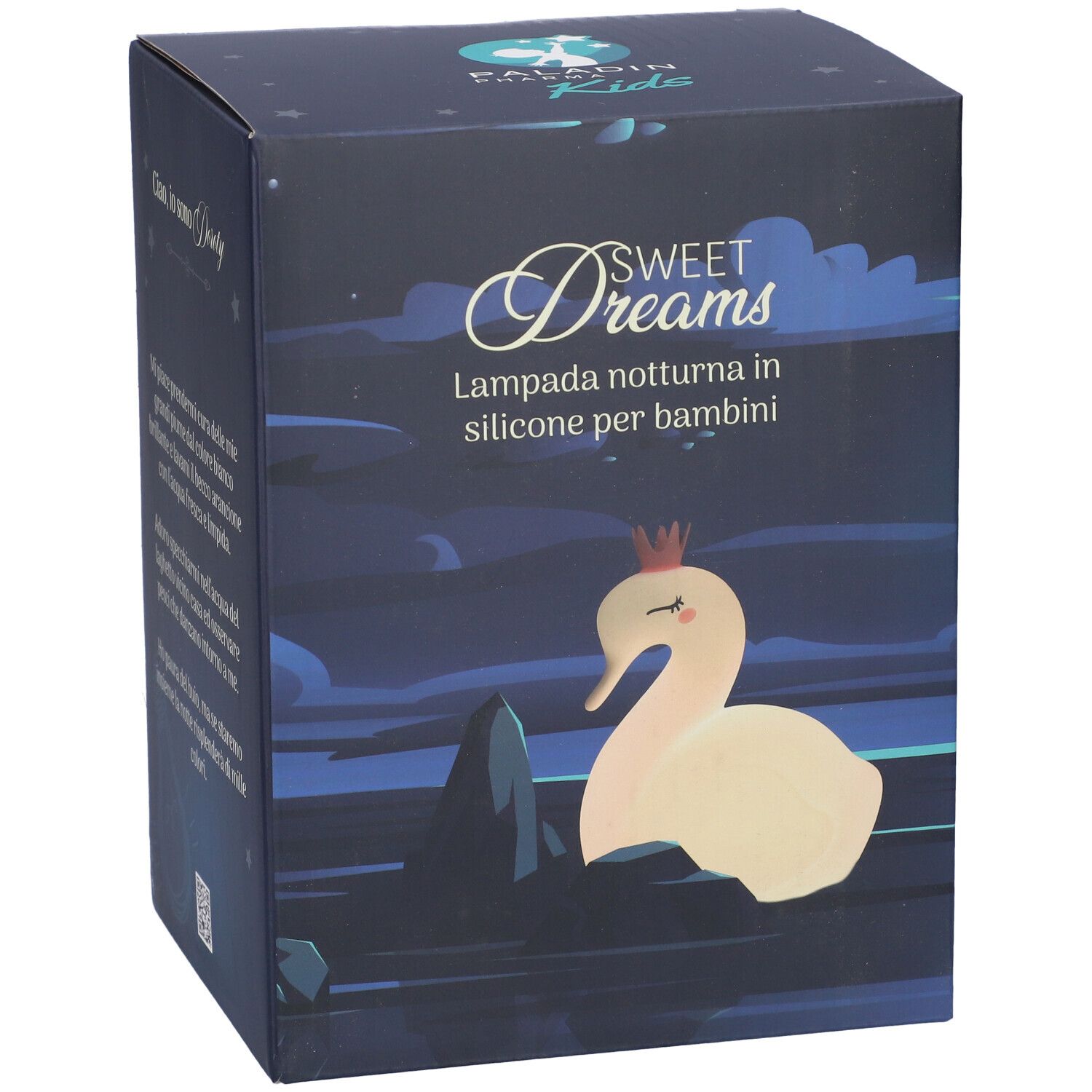 Confezione della lampada notturna Paladin Pharma Kids Sweet Dreams. Raffigurato un cigno con corona. Testo: Sweet Dreams, lampada notturna per bambini.