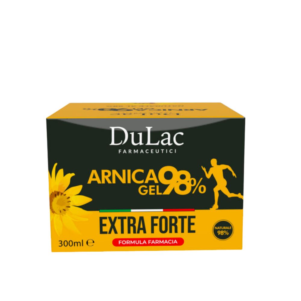 Confezione di gel. Gel all'arnica al 98%. Confezione gialla con nome e logo del prodotto. Sfondo nero.
