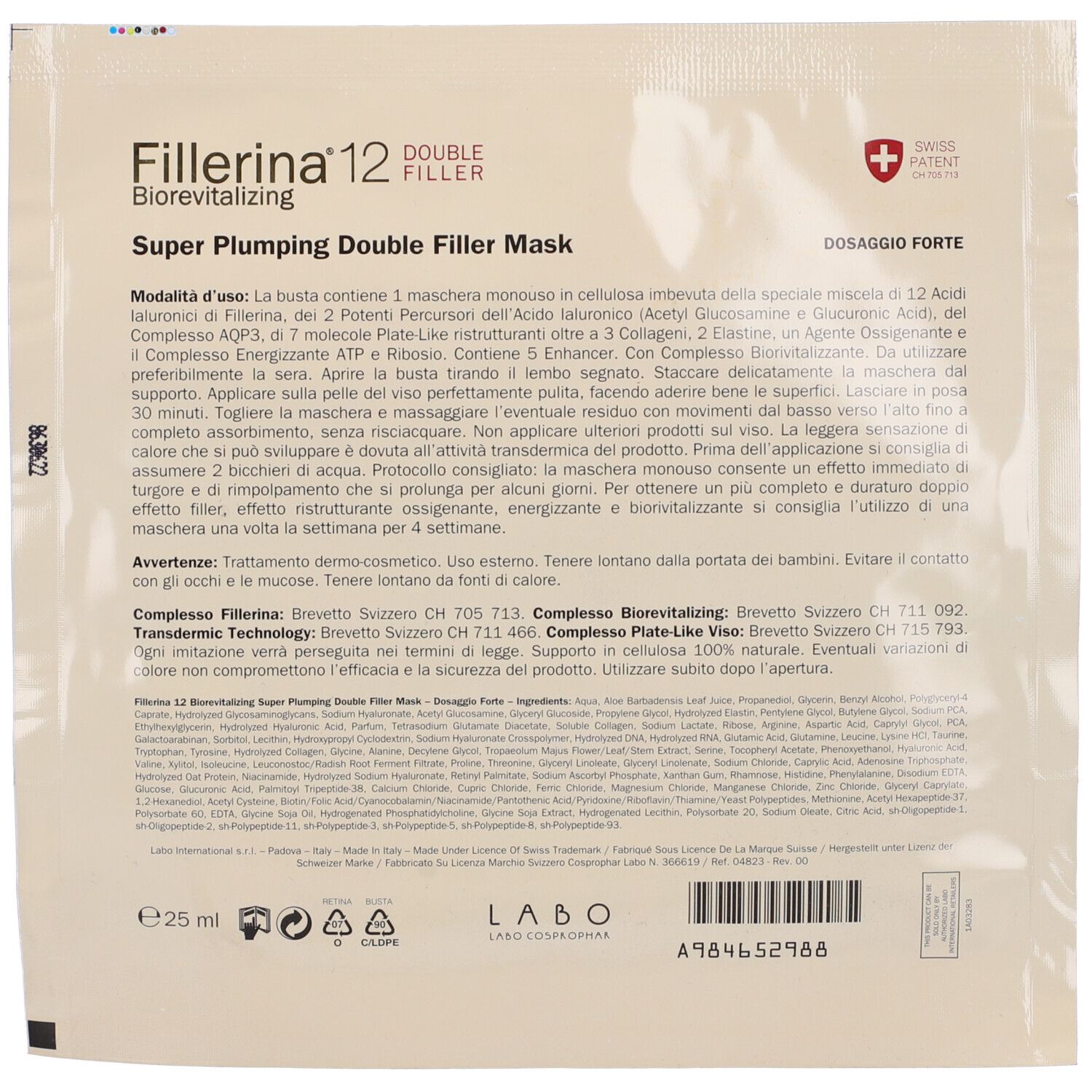 Retro della Fillerina 12SP Double Filler Mask. Scritta: Super Plumping Double Filler Mask, Dosaggio Forte, Swiss Patent.