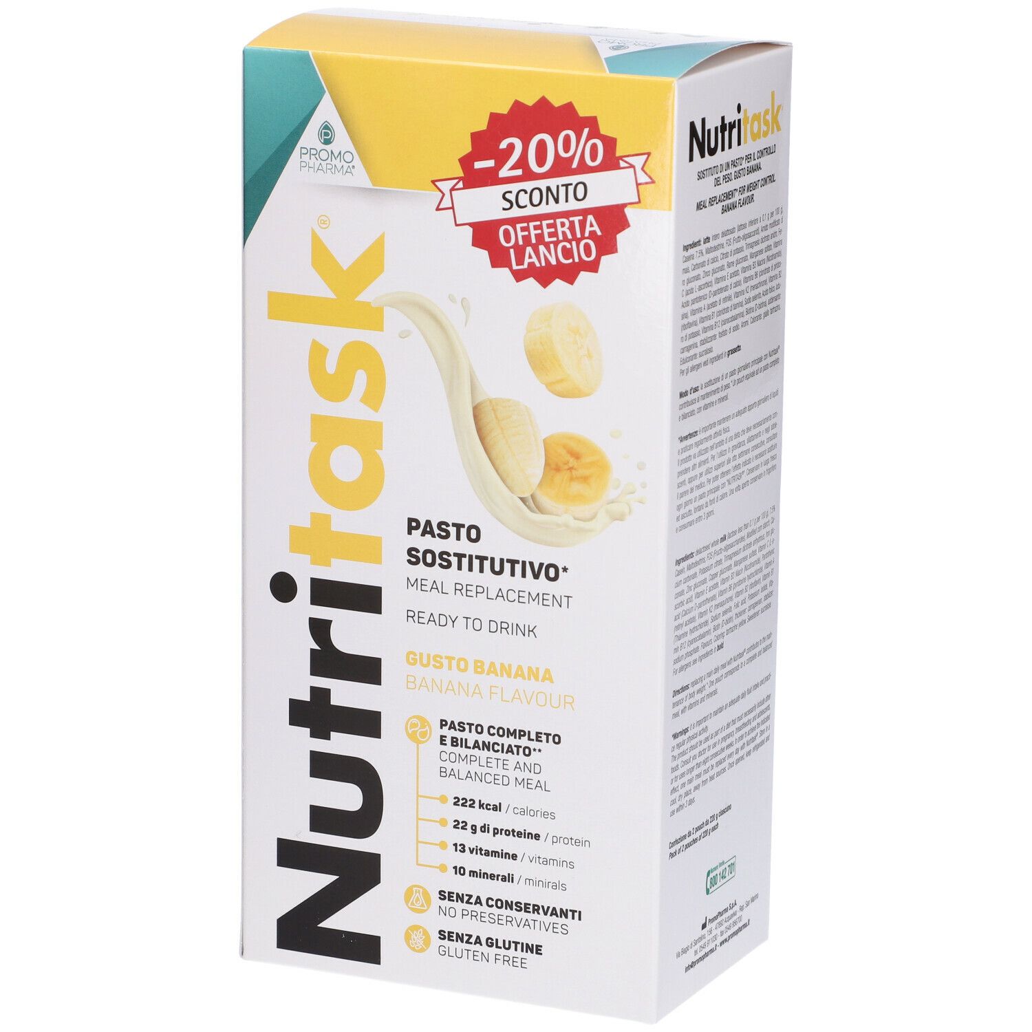 Confezione di Nutritask Pasto Sostitutivo, gusto banana. Scritte: -20% sconto, pasto completo, senza glutine.