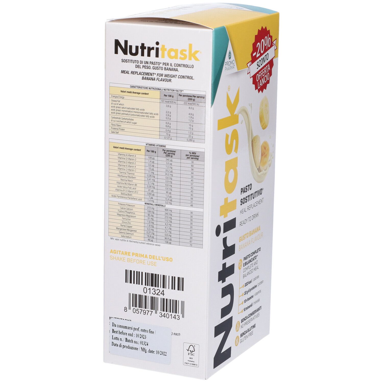 Retro della confezione Nutritask Pasto Sostitutivo. Contiene informazioni nutrizionali, codice a barre e informazioni produttore.