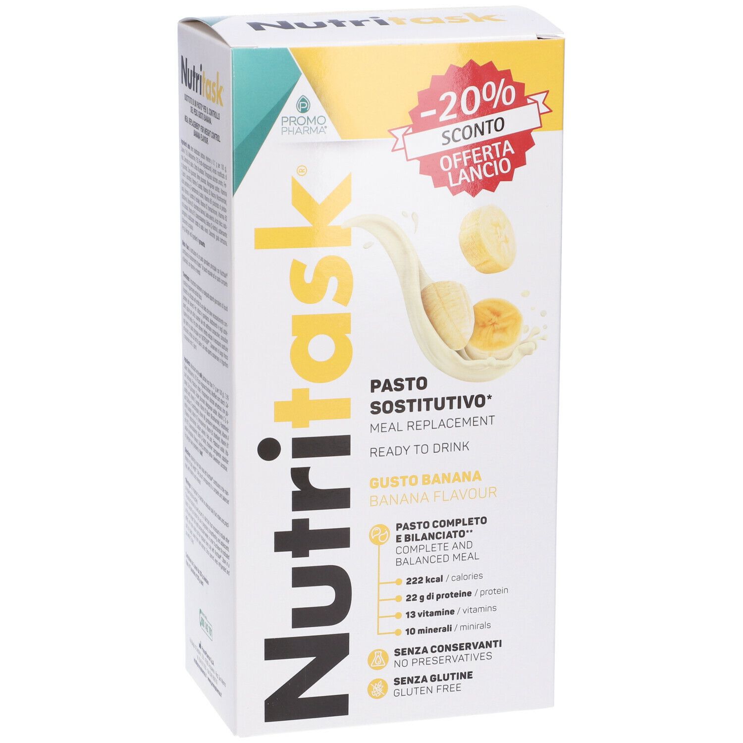 Confezione di Nutritask Pasto Sostitutivo, gusto banana. Scritte: -20% sconto, pasto completo, senza glutine.