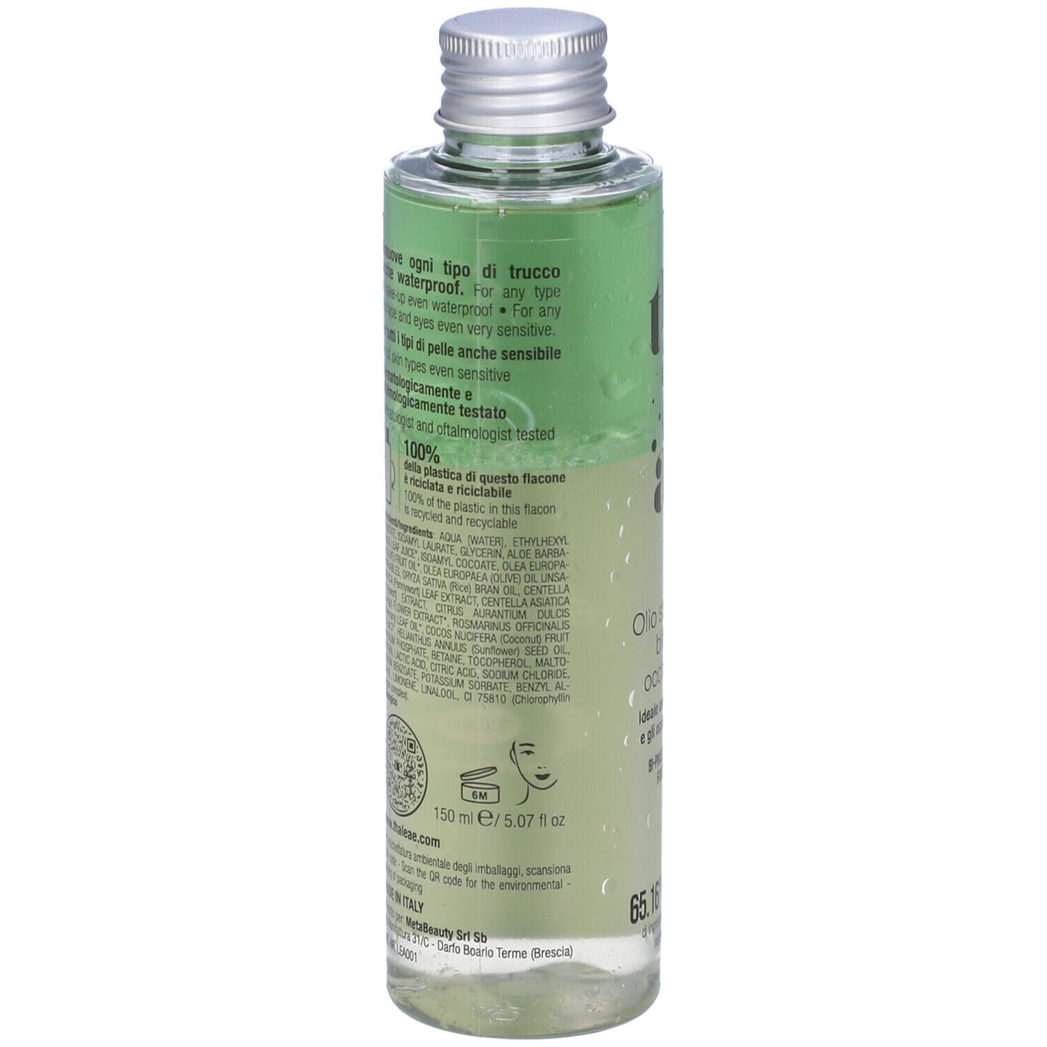 Retro di un flacone trasparente con etichetta verde. Testo: ingredienti, flacone riciclabile al 100%, 150 ml, vegano, dermatologicamente testato.