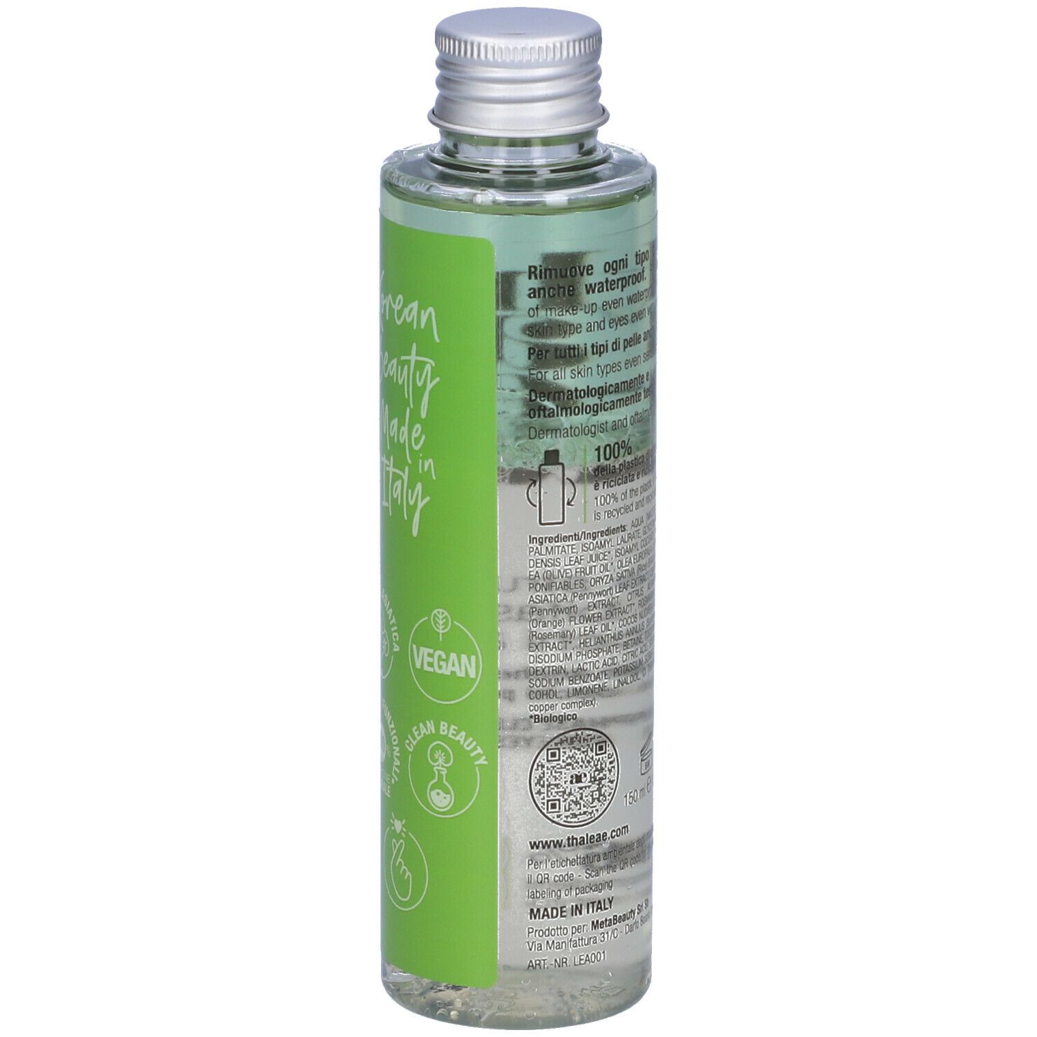 Retro di un flacone trasparente con etichetta verde. Testo: vegano, Clean Beauty, Made in Italy, dermatologicamente testato, 100% riciclabile.