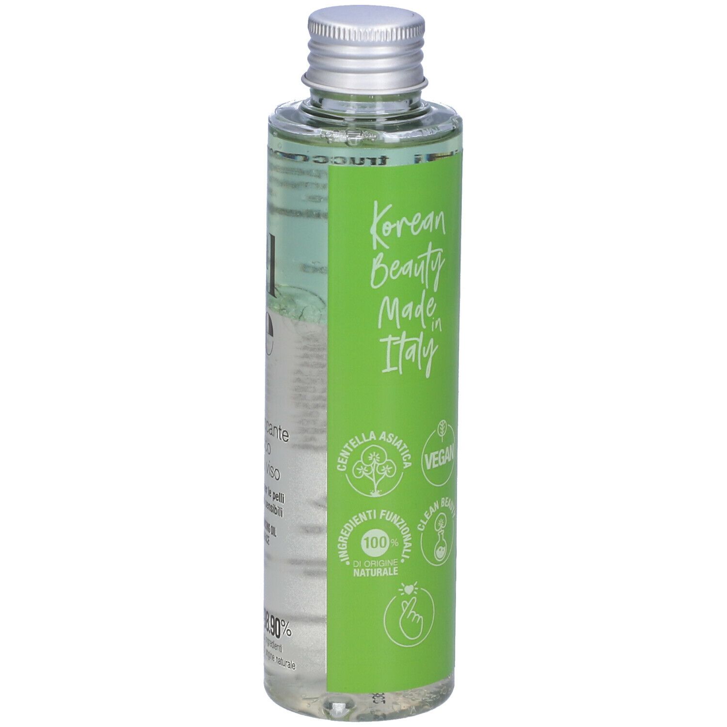 Flacone trasparente con etichetta verde. Testo: Korean Beauty Made in Italy, vegano, 100% ingredienti naturali, Clean Beauty, Centella Asiatica.