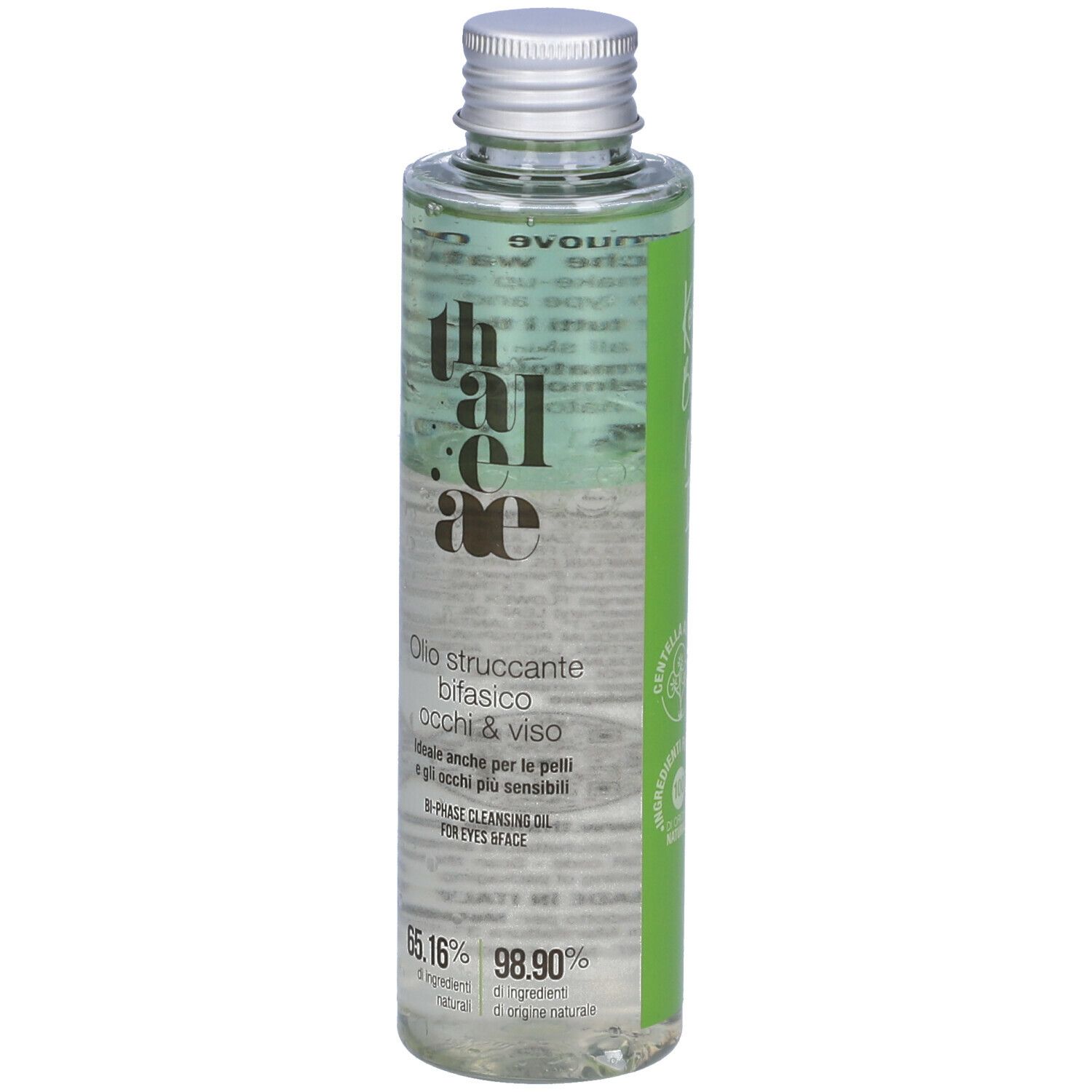 Flacone trasparente con etichetta verde. Testo: thaleae, Olio struccante bifasico, 65.16% ingredienti naturali, 98.90% ingredienti naturali.