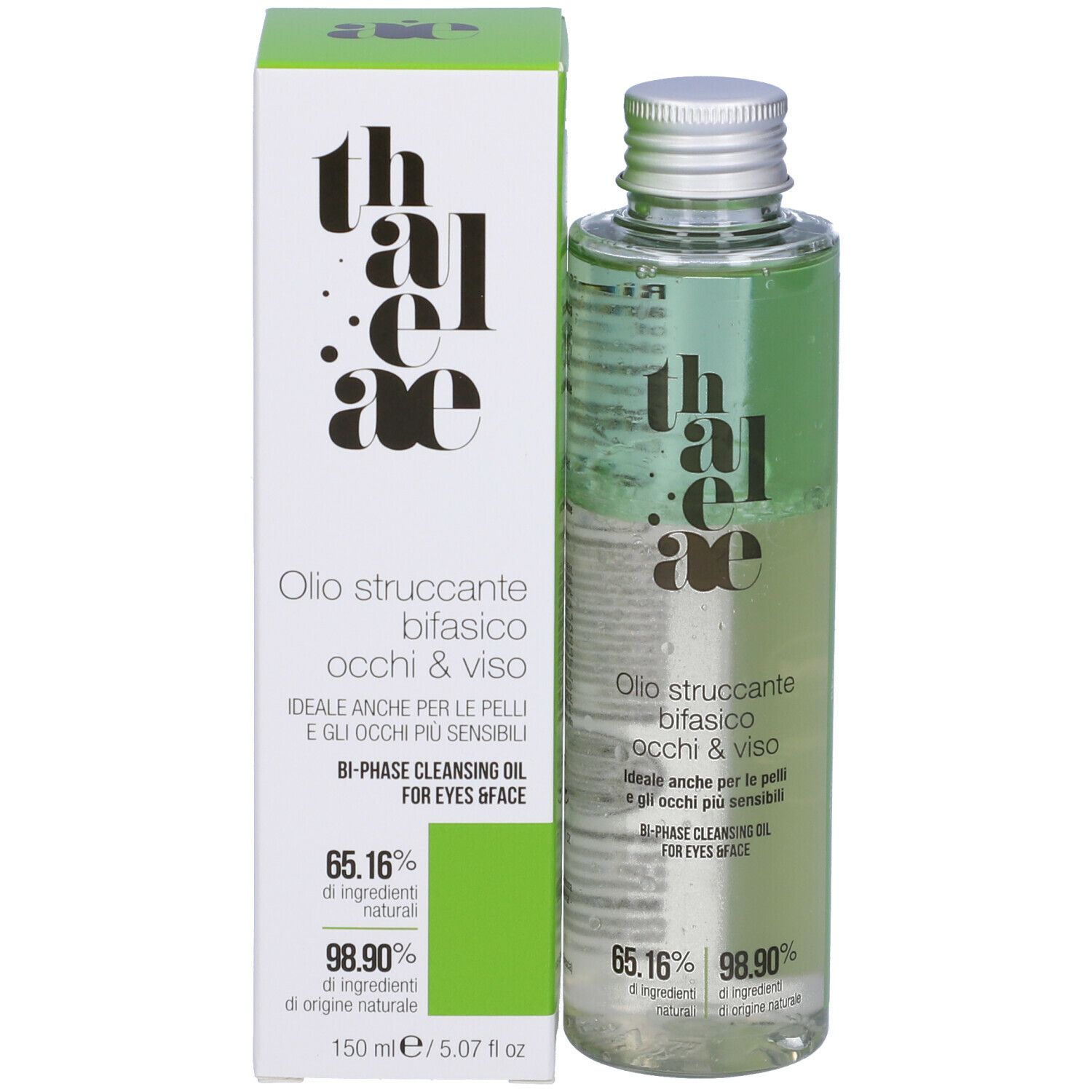 Flacone e confezione del prodotto. Testo: thaleae, Olio struccante bifasico, 65.16% ingredienti naturali, 98.90% ingredienti naturali, 150 ml.