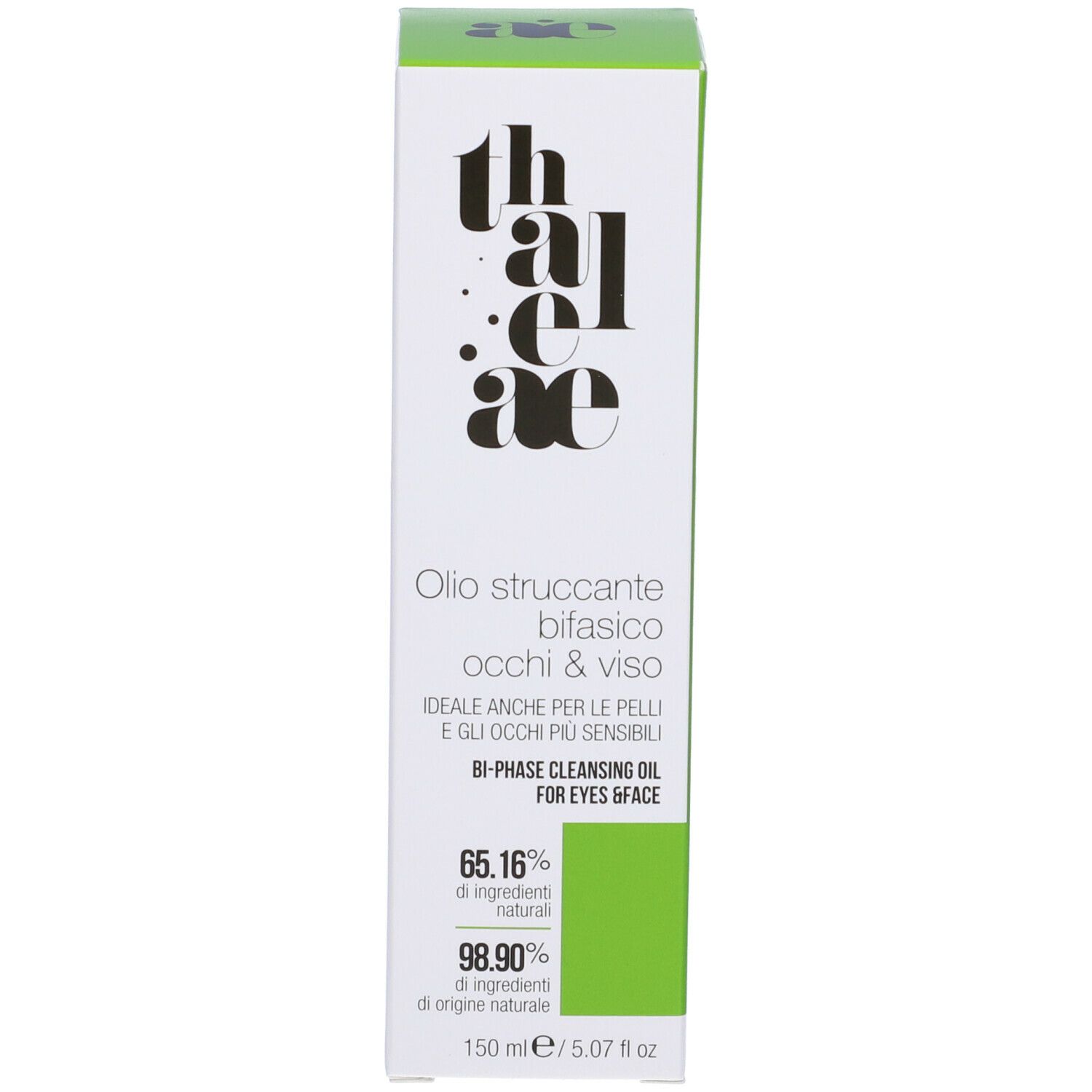 Confezione del prodotto. Testo: thaleae, Olio struccante bifasico, 65.16% ingredienti naturali, 98.90% ingredienti naturali, 150 ml.
