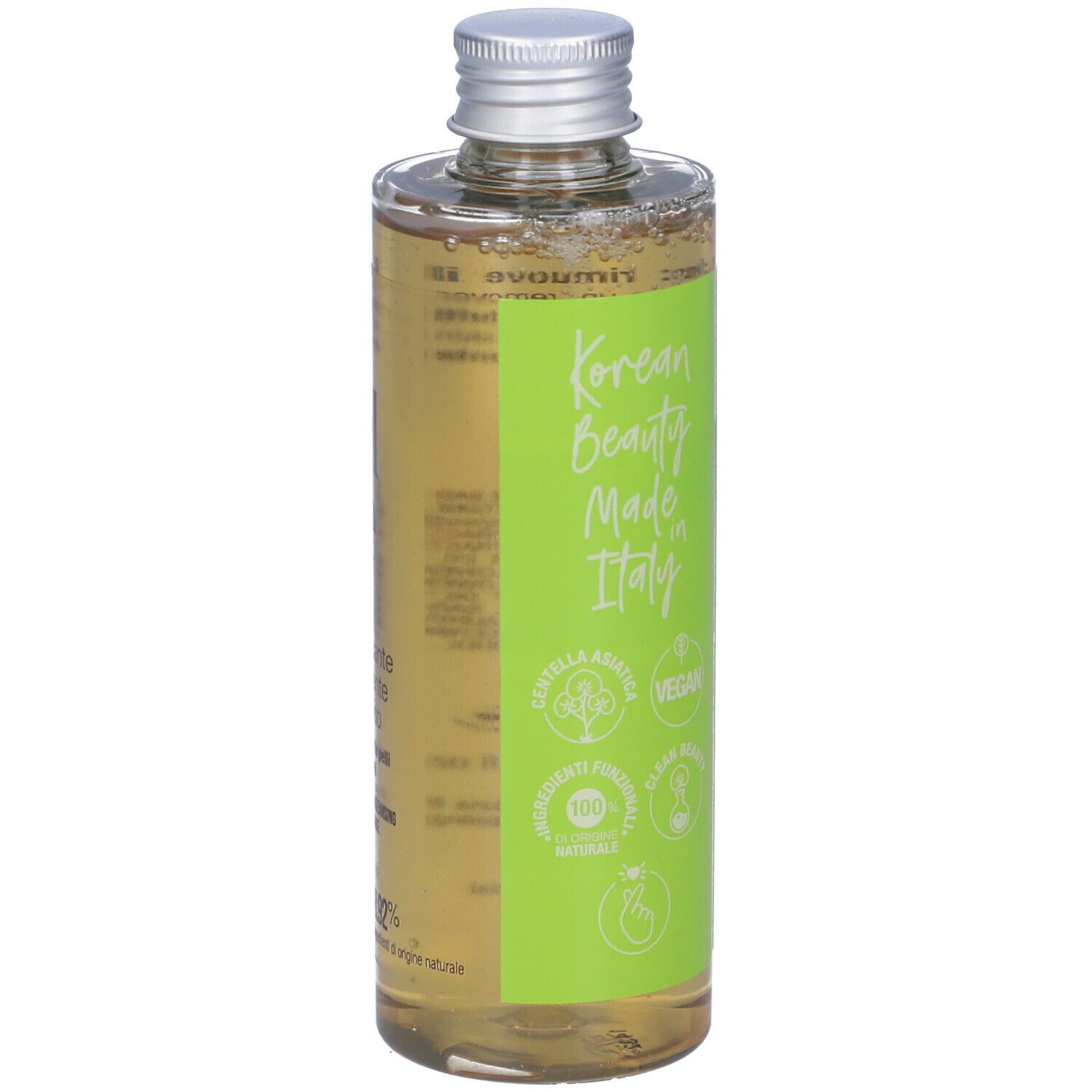 Flacone con etichetta verde. Nome prodotto e logo. Sigillo vegano. Made in Italy.