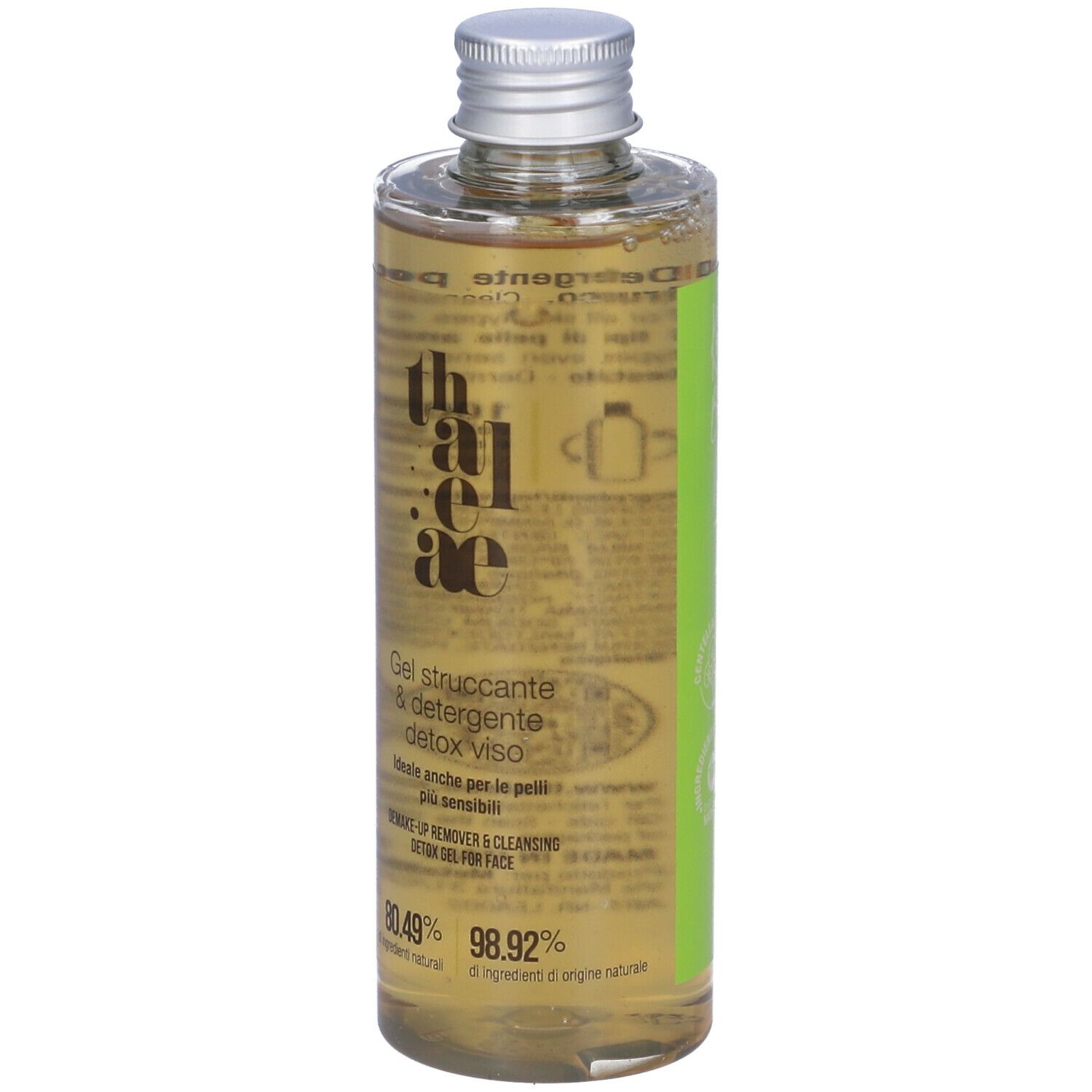 Flacone con etichetta verde. Nome prodotto e logo. Liquido trasparente visibile. Tappo argento.