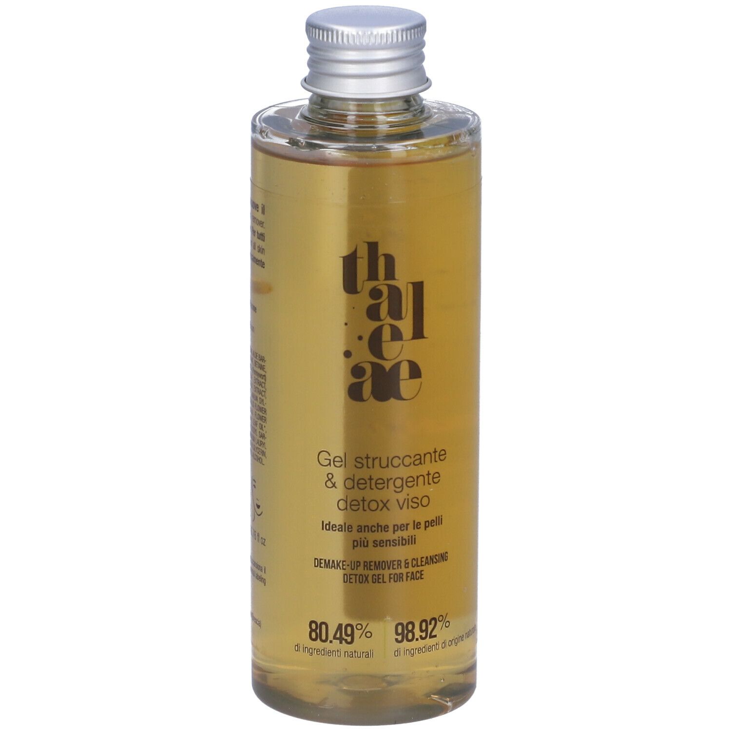 Flacone con nome e logo del prodotto. Liquido trasparente visibile. Tappo argento. Texture gel.