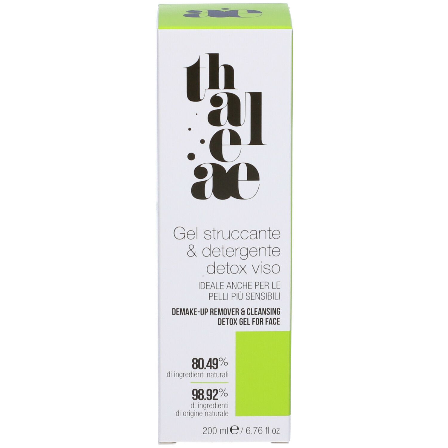 Confezione verde. Nome prodotto e logo. Informazioni sugli ingredienti. 200 ml.
