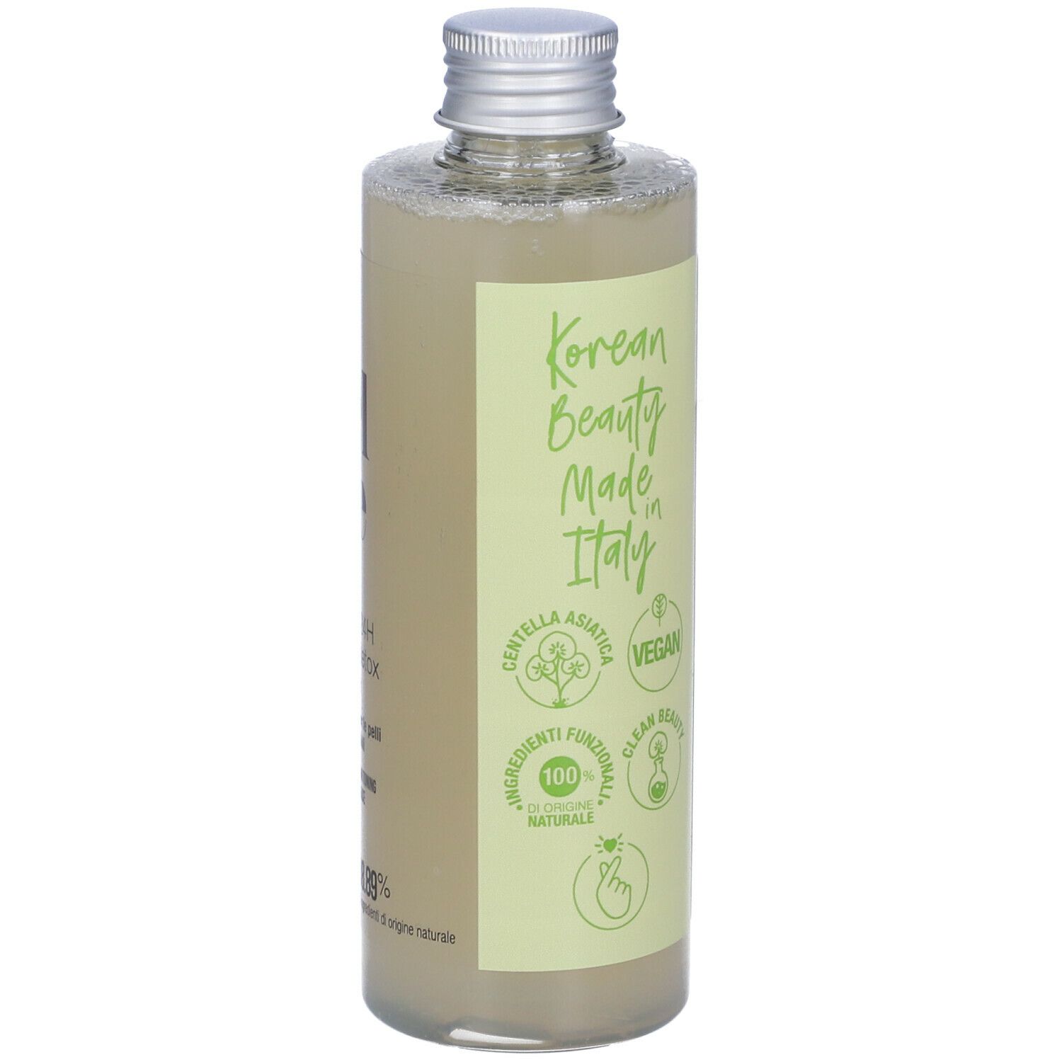 Flacone in vetro con prodotto, etichetta con testo: Korean Beauty Made in Italy, sigillo Vegan, ingredienti.