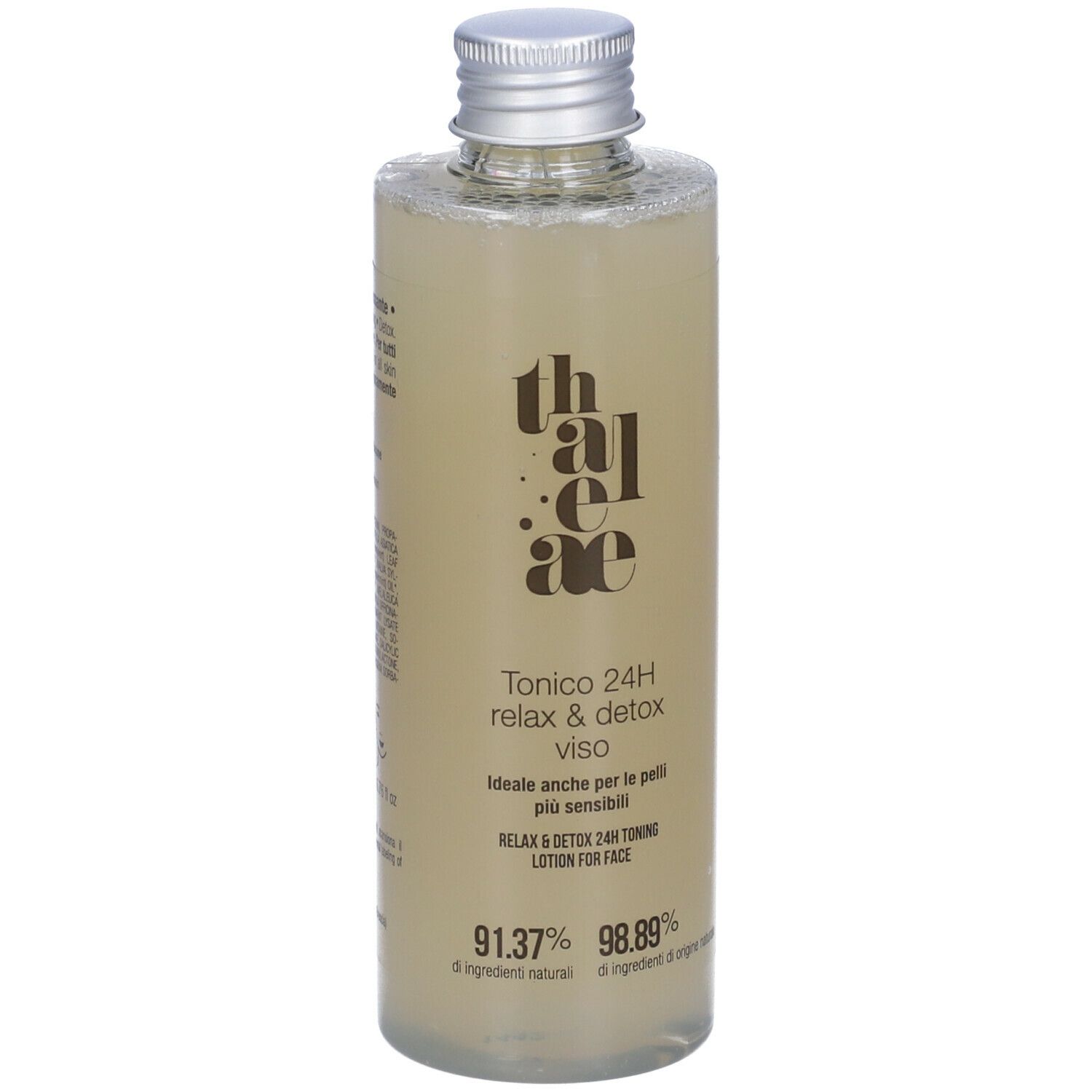 Flacone in vetro con prodotto, etichetta con testo: Tonico 24H relax & detox viso, ingredienti, certificazioni.