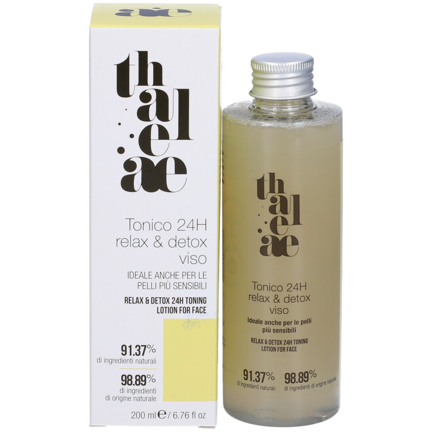 Flacone di prodotto accanto a confezione gialla. Testo: Tonico 24H relax & detox viso, ingredienti.