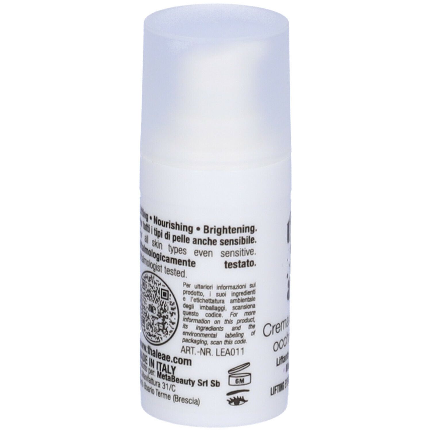 Flacone bianco con erogatore. Scritta: Lifting, Nourishing, Brightening. Codice QR e altre informazioni.