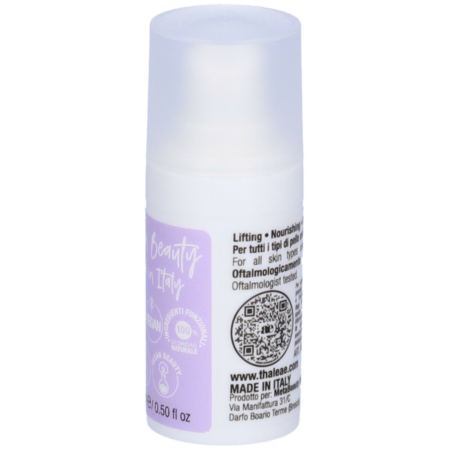 Flacone bianco con erogatore. Scritta: Korean Beauty in Italy. Sigillo vegano e altre informazioni.