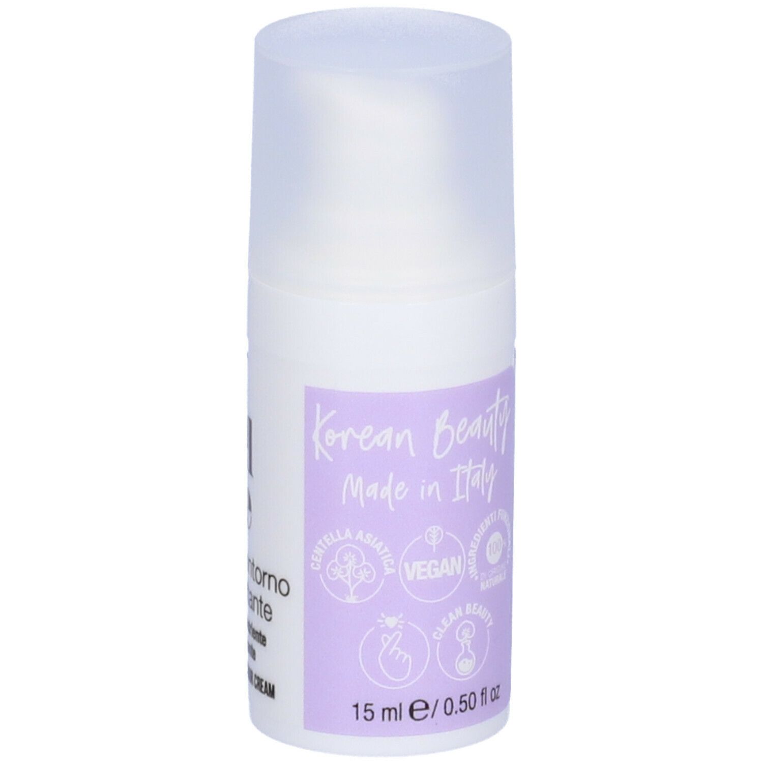 Flacone bianco con erogatore. Scritta: Korean Beauty Made in Italy. 15 ml / 0,50 fl oz.
