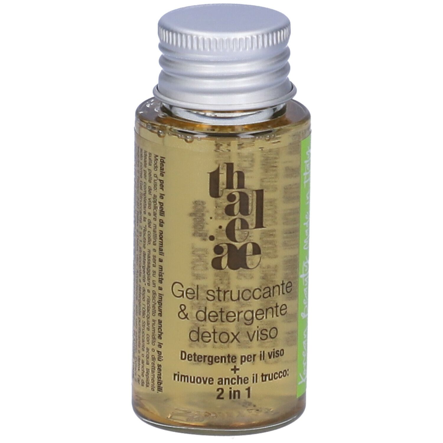 Gel trasparente in flacone con tappo argentato. Etichetta con nome prodotto e testo.