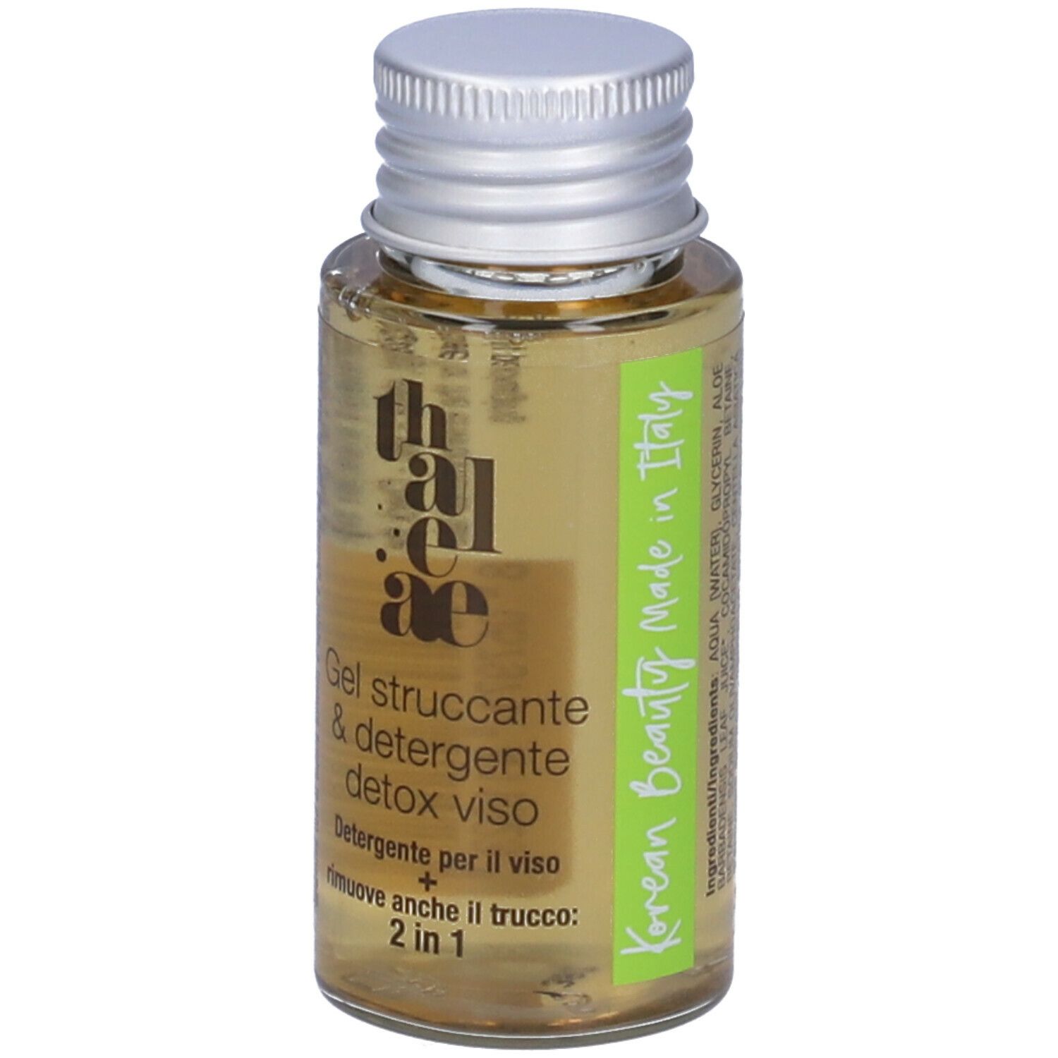 Gel trasparente in flacone con tappo argentato. Etichetta con nome prodotto e testo.