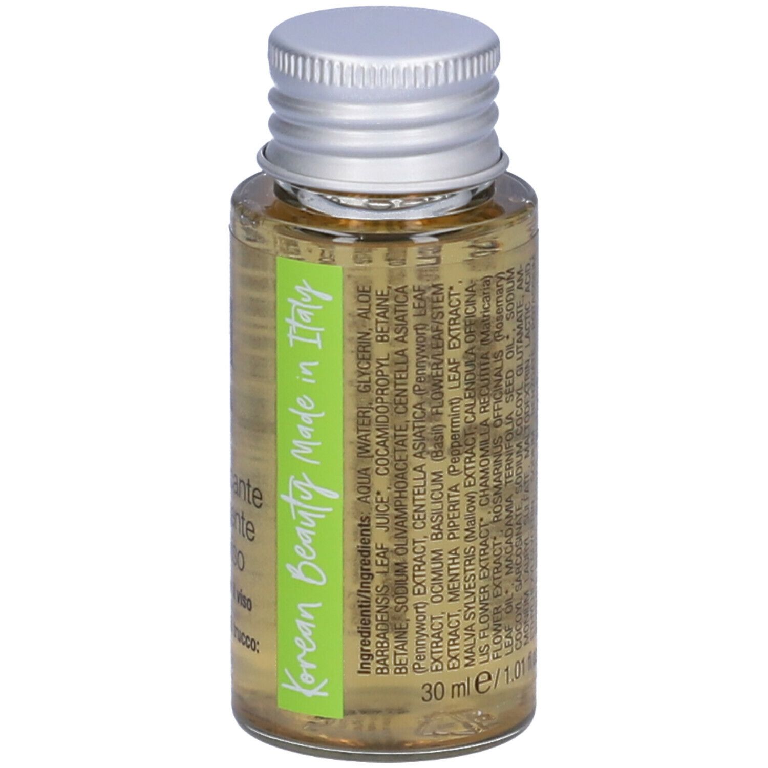 Gel trasparente in flacone con tappo argentato. Etichetta con ingredienti e testo.