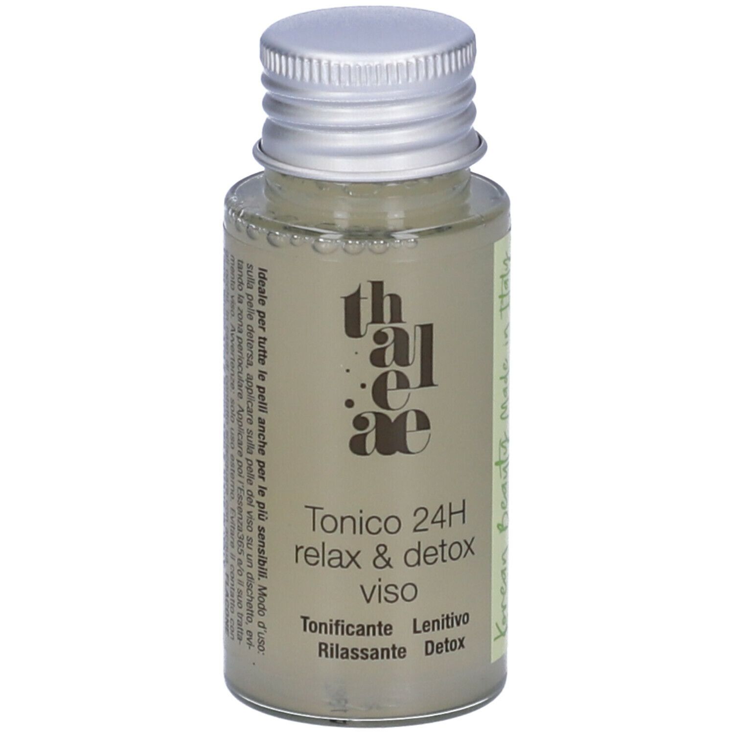 Flacone MetaBeauty thaleae Tonico 24H. Fronte con nome prodotto e testo. Liquido verde, tappo argento.
