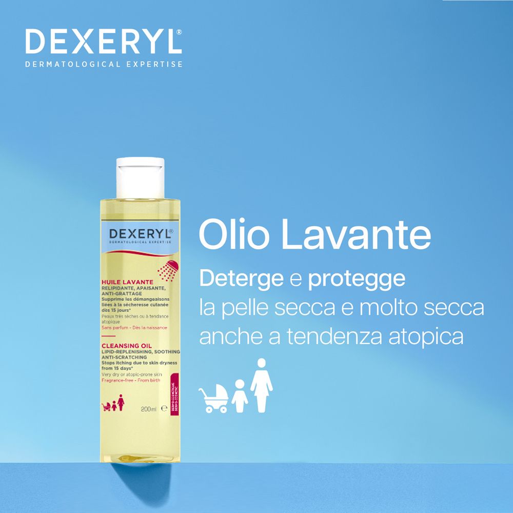 Dexeryl Olio Lavante. Flacone con liquido giallastro. Testo in italiano. Per pelli secche e atopiche.