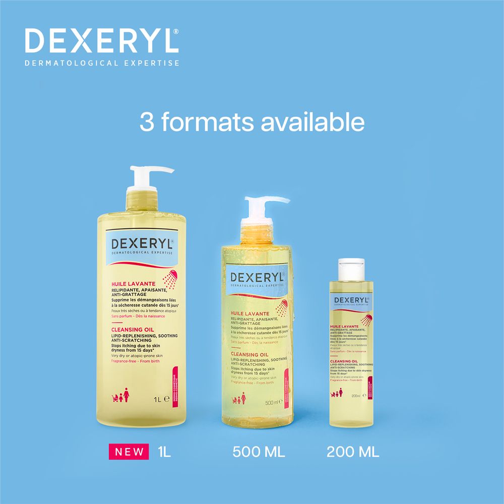 Tre flaconi Dexeryl Olio Lavante. 200 ml, 500 ml e 1 litro. Testo: 3 formati disponibili.